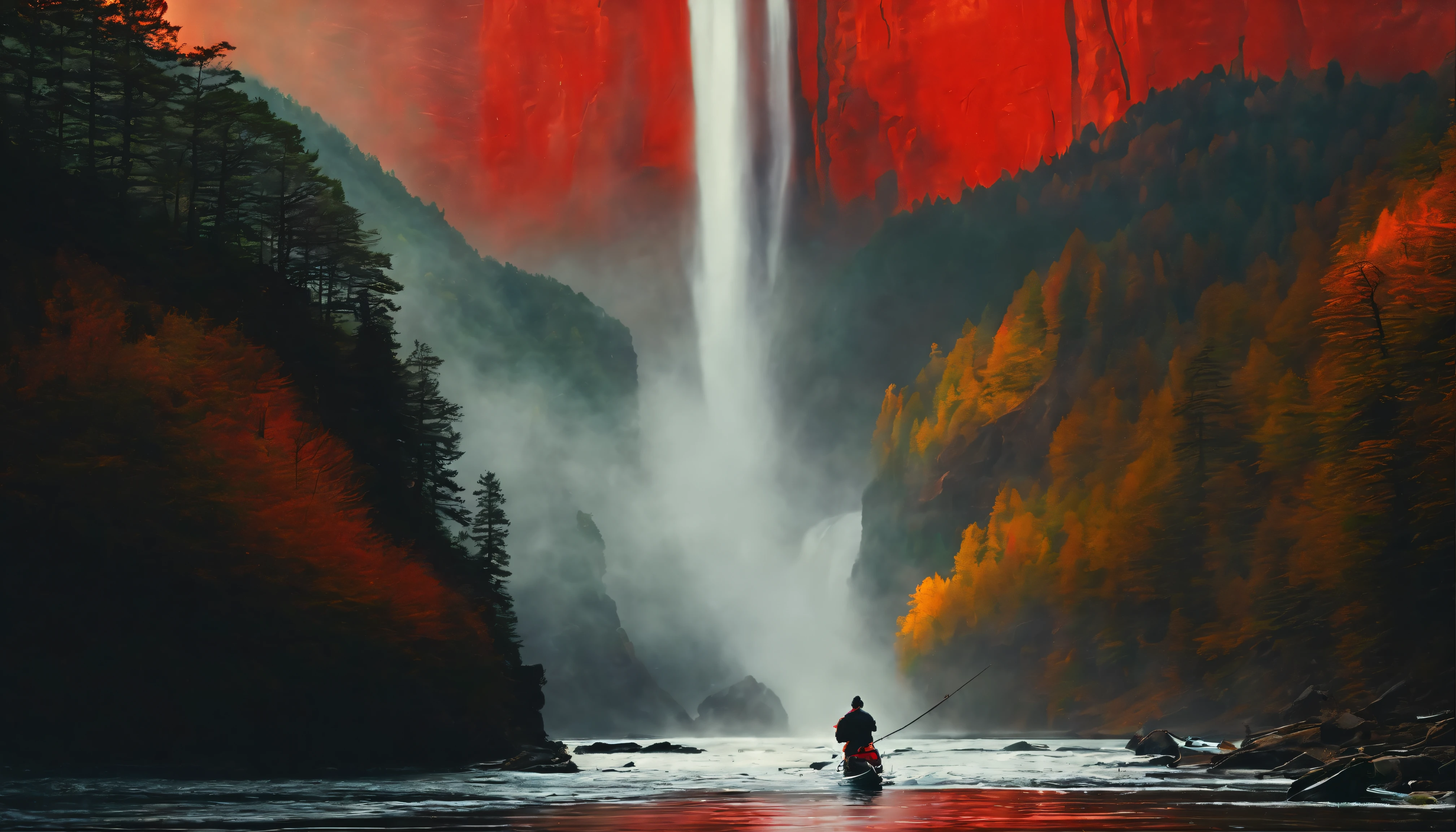 waterfallr, Mountain scenery Red and green combination screen printing style, Magnificent scene, Majestic, Crimson and emerald, New China Oriental minimalist Asian style, Wu Guanzhong-V 5 ---V 5.2 --Style Original --AR 3:4 - Relax