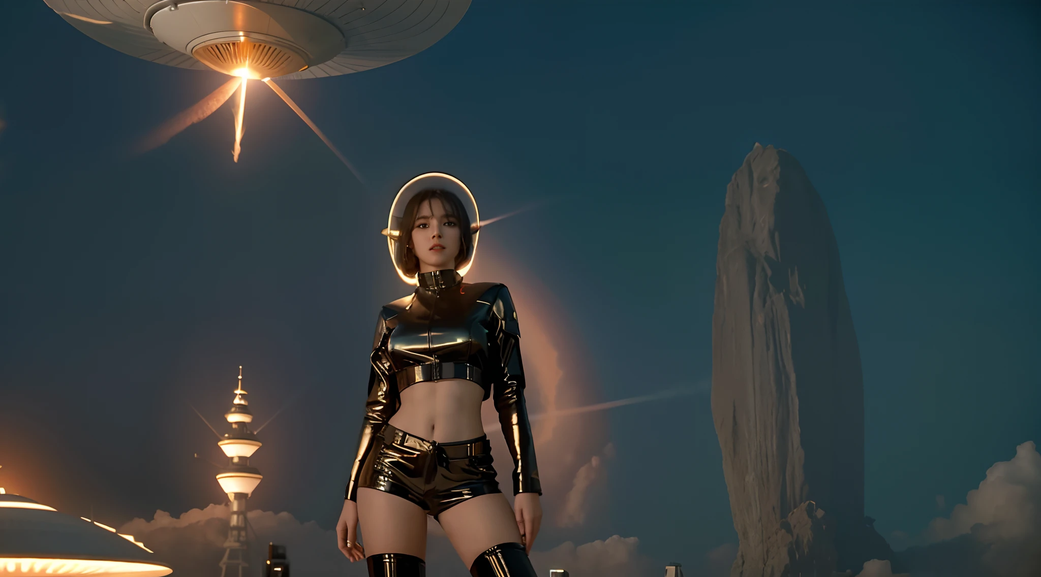 mulher loira, mulher jovem, coxas grossas, usando shorts curtos skintight de latex preto, seios nus, seios grandes, mamilos rosados, Pele de Porcelana, NSFW, Standing in front of a flying saucer, Flying saucer hovering in the sky in a science fiction movie, epic sci-fi movie still, movie still of the alien girl, an epic scifi movie still, dramatic sci-fi movie still, alien woman, Sci Fi Dramatic Lighting, sci-fi cinematic movie still, alien girl, as a retro futuristic heroine, sci-fi movie still