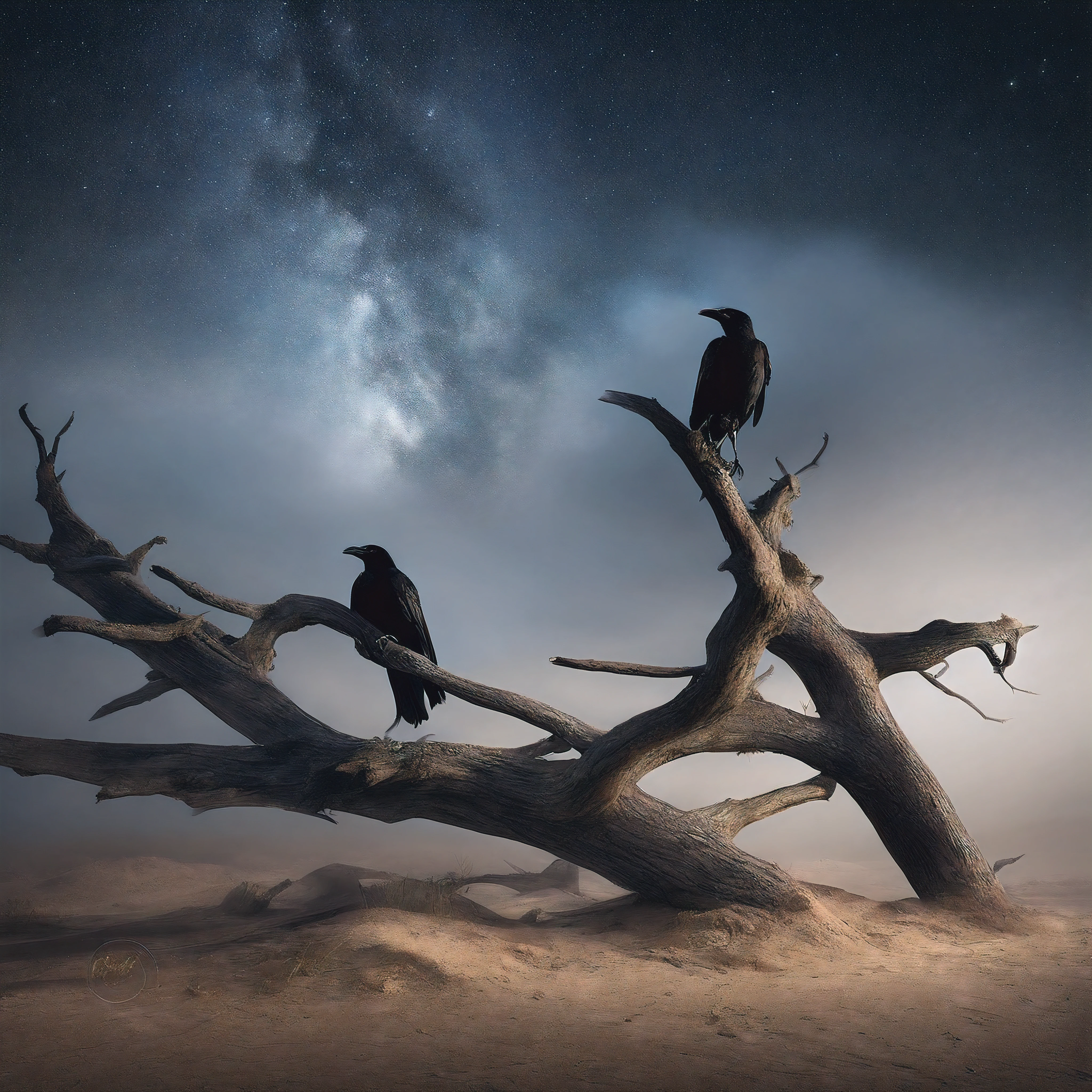 Two crows on a dead tree, A shadow shaped like a walker, Starry night, Thick fog on the ground, Blue light on the horizon, Unreal Engine 5, Cinematic, low angle photography, Motion blur, Depth of field, Dust, Cobblestones and dirt. Splash Art, dripping paint. Perfect color grading. Influenced by Karel Appel and Jeremy Mann, Full of dramatic and threatening scenes, Hyper-detailed, Beautiful, insanely details, Intricate details, editorial photography, shot with a 50mm lens, Depth of field, Tilt Blur, Shutter speed 1/1000, f/22. Lightmaps, Super bright