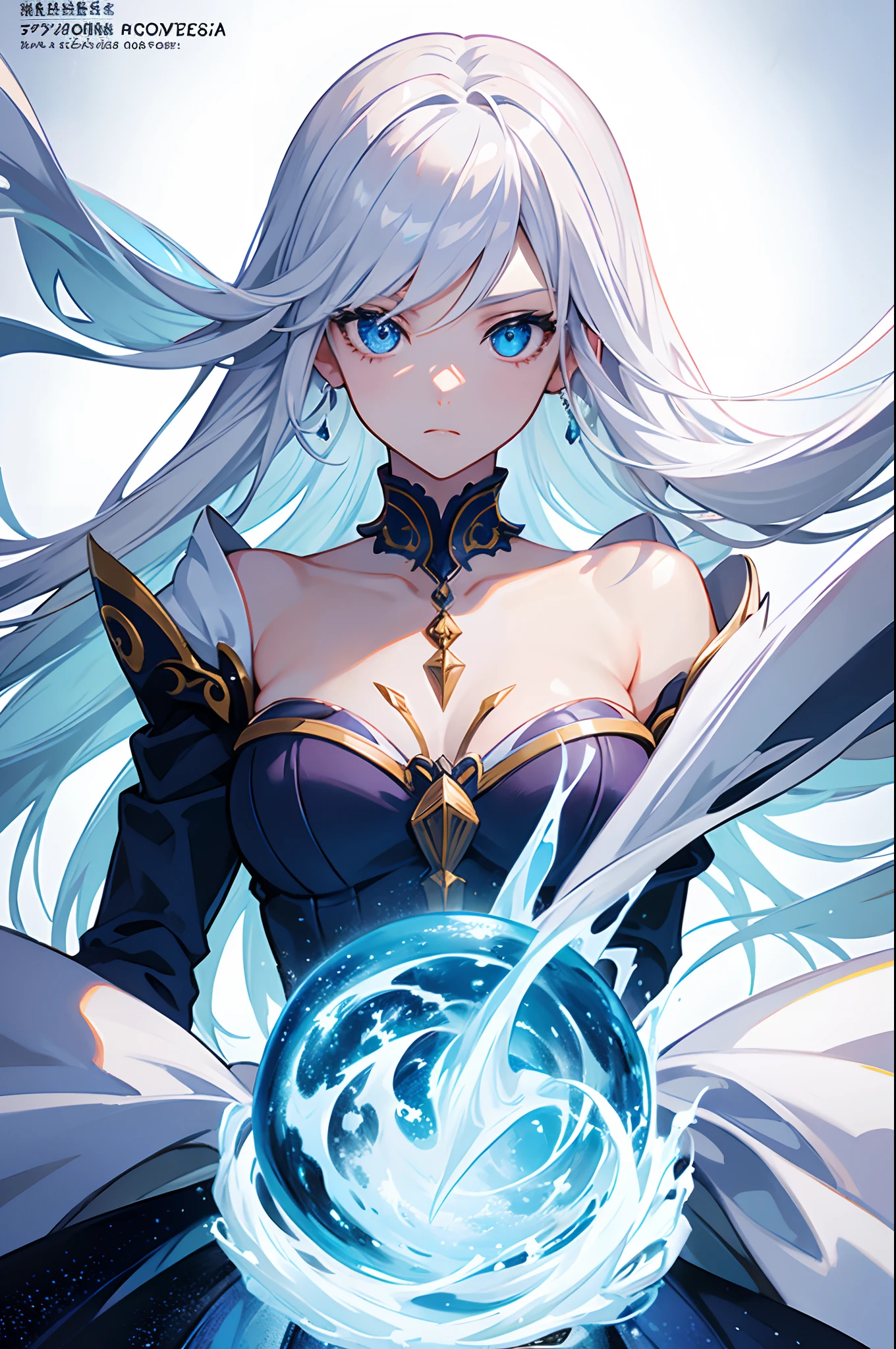 Cover magazine, anime, woman, solo, long hair, white hair, blue eyes, model, beautiful, upper body potrait, fantasy, ice