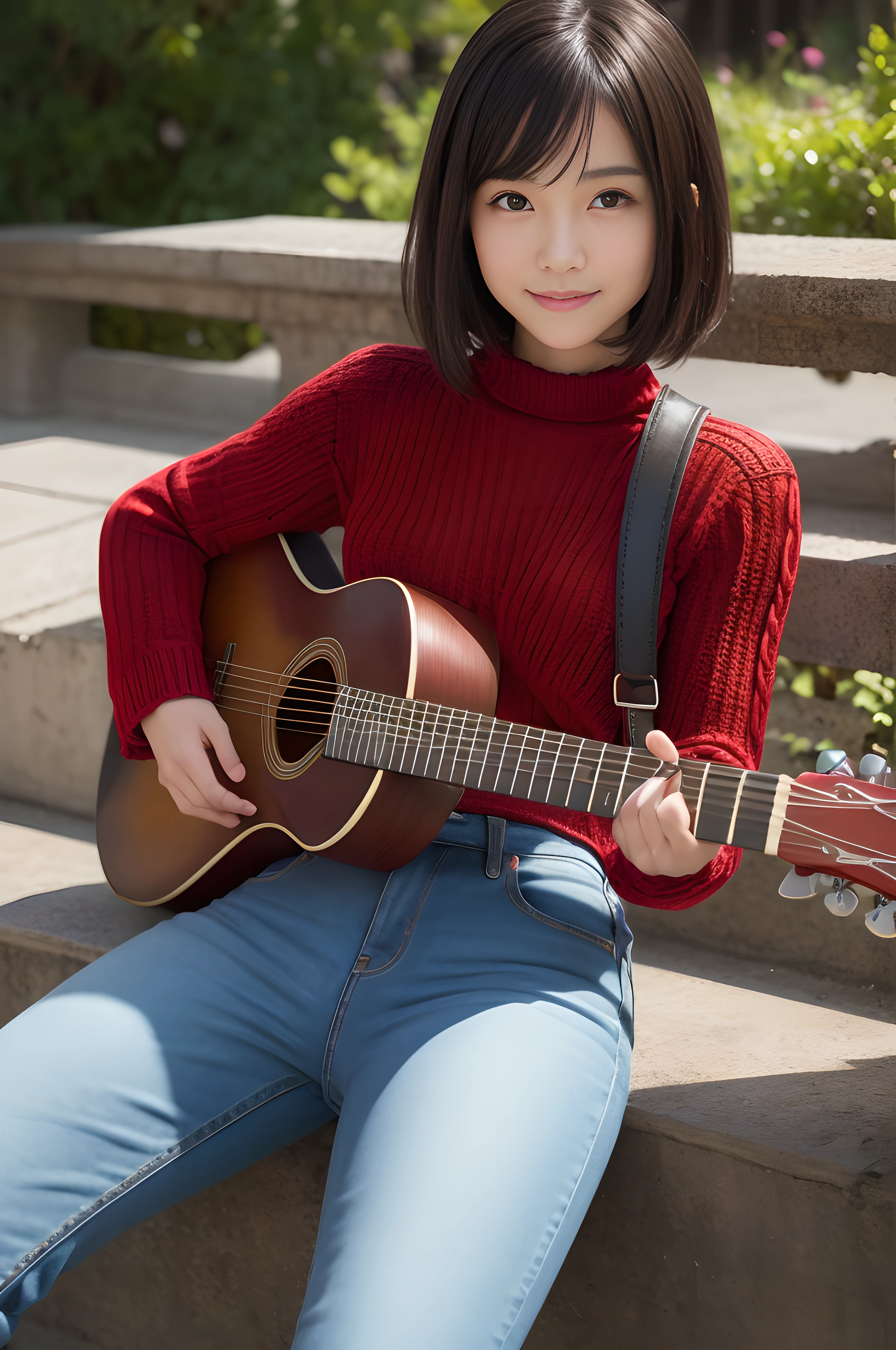 masterpiece, best quality, photorealistic, raw photo, DSLR, -yeld beiful Japanese girl, shiny fair skin, realistic beautiful no makeup face, realistic beautiful bright eyes, double eyelids, look at viewer, smiling, highest detailed shiny black short hair and bangs, disheveled hair, slim figure, slim face, slim waist, big breasts, ((red knit sweater, jeans pant, (play the folk guitar), whole body)), realistic lighting and shadows, depth of fields, highest delicate and beautiful photo, ultra high resolution, 8k UHD wallpaper,