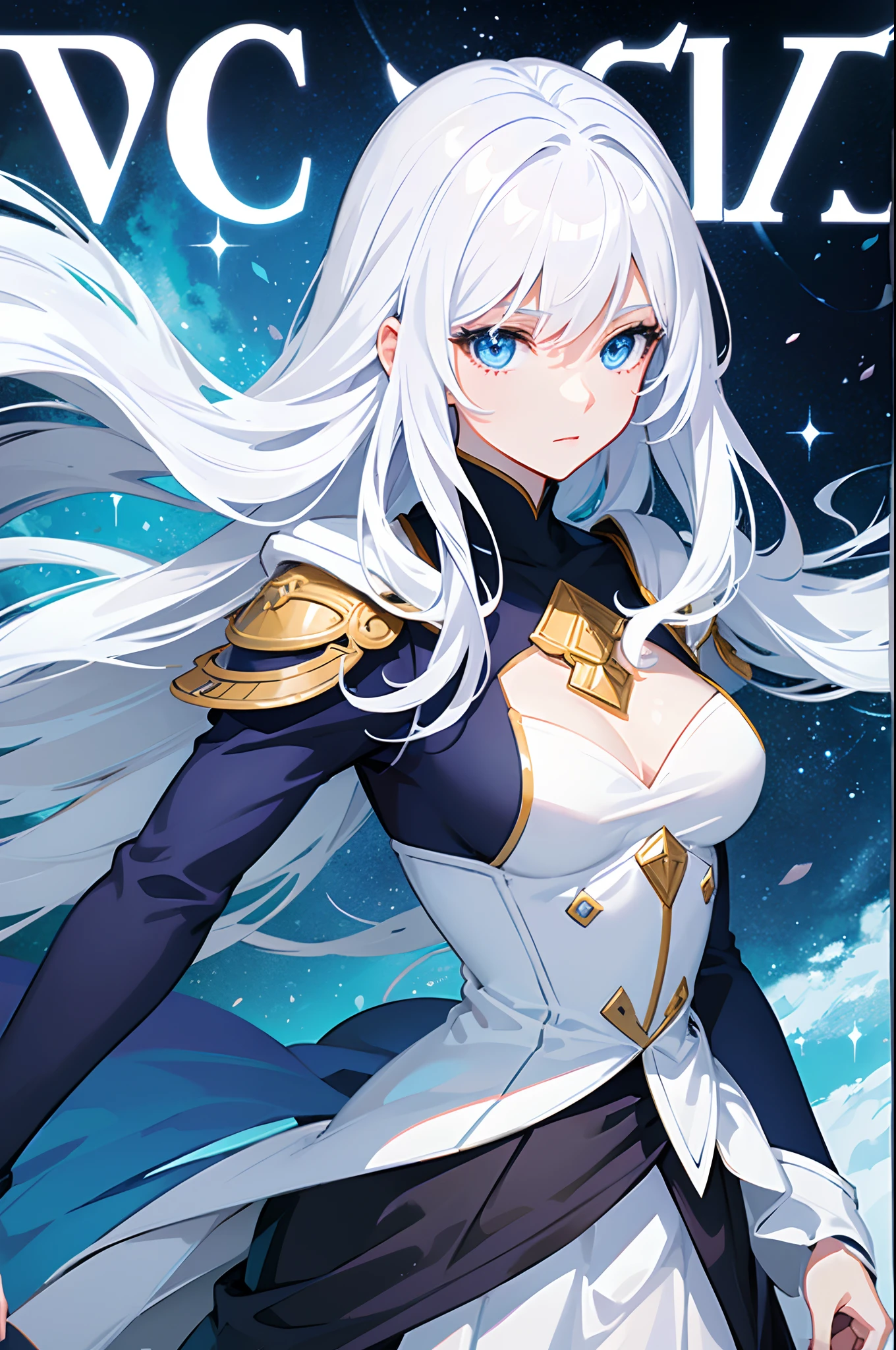 Cover magazine, anime, woman, solo, long hair, white hair, blue eyes, model, beautiful, upper body potrait, fantasy, ice
