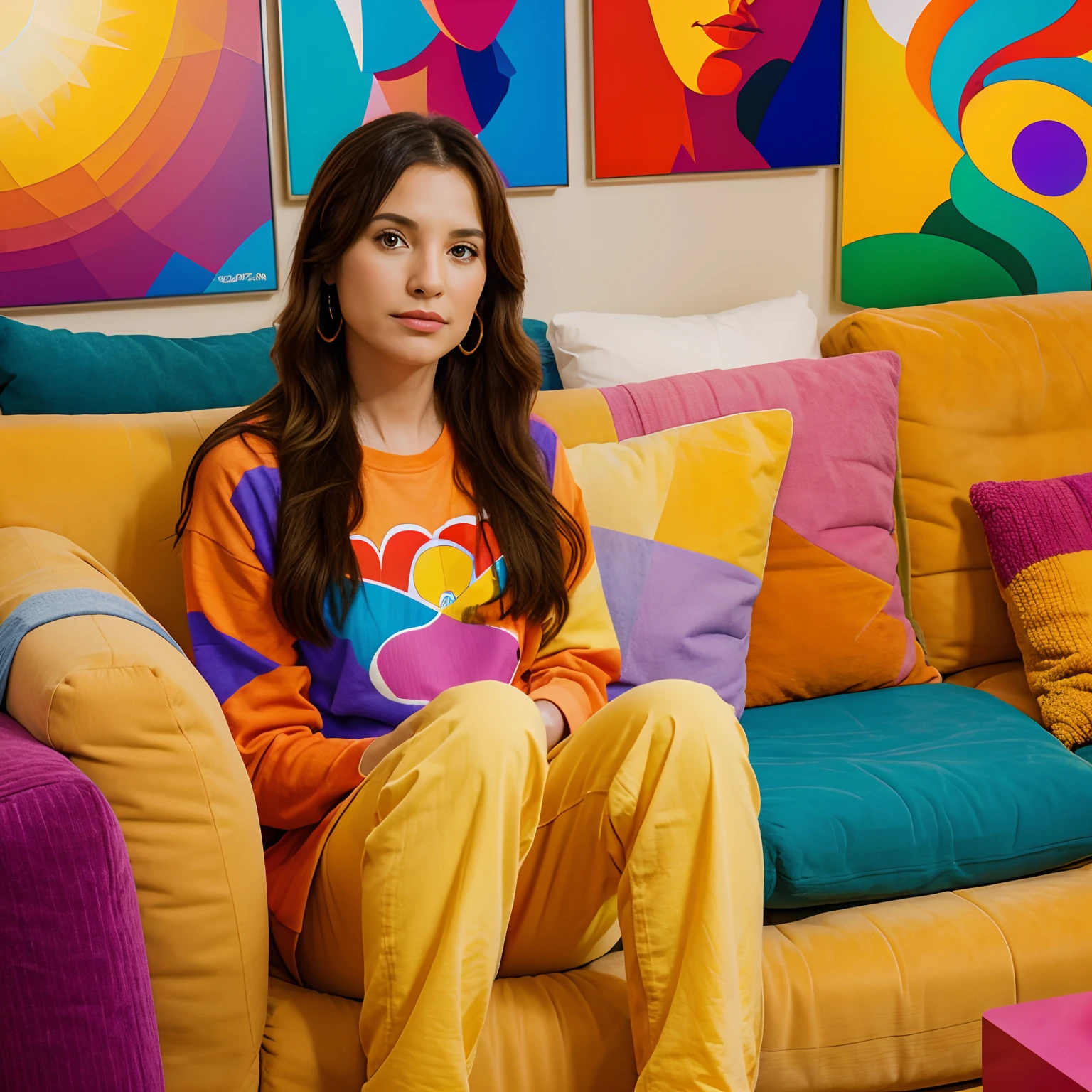 Sitting on the couch, in the style of Peter max