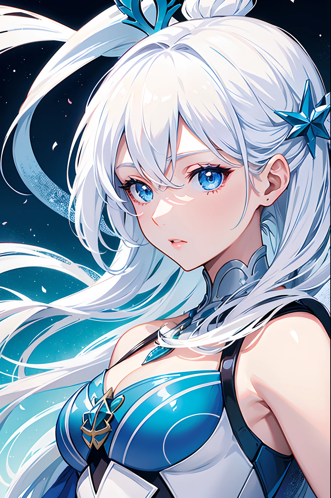 Cover magazine, anime, woman, solo, long hair, white hair, blue eyes, model, beautiful, upper body potrait, fantasy, ice