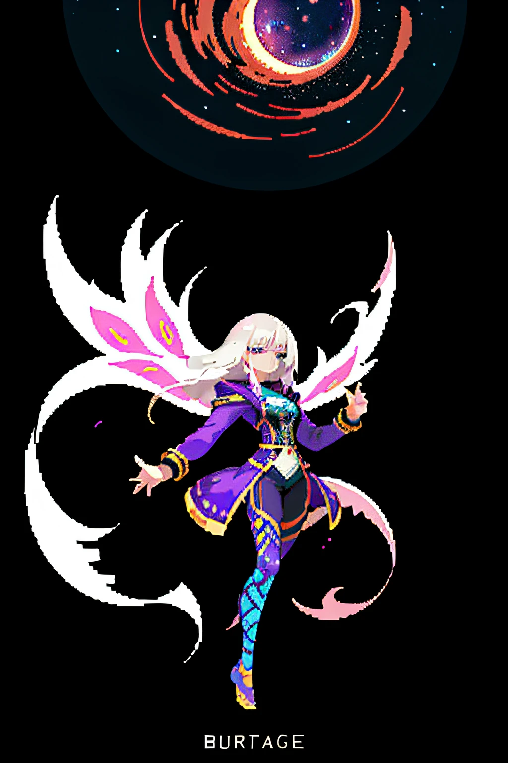 (masterpiece, top quality, best quality, less detail, 8-bit color), pixel,pixel art, 1girl,full body,attack pose, US style, poor jacket, game asset, silver hair, vampire element, bra on top, short pant,(solo) inconceivable and spectacular an emergency scene of a cloud figure Sophie Turner in a cosmic cloud, strands of fractal nebulae, cosmic, celestial, cosmic, vibrant and vivid entities, whirlwinds, spinning, unreal, high contrast, symbolism, magical, mystical, mystifying, hyper-realistic, supersaturated