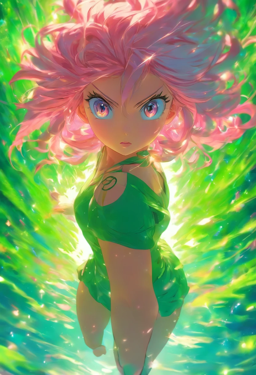 foreshortening, profundidade de campo, master part, best quality, 1girl, pink hair, olhos verde azulado, cabelos medios, flutuando,raios rosas, sozinho, Olhando para o Viewer,vestido rosa, voando, luz solar fraca,