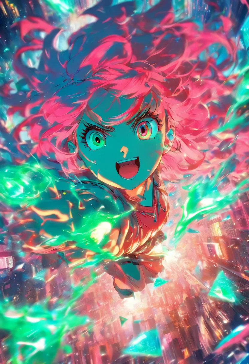 foreshortening,  profundidade de campo, master part, best quality, 1girl, pink hair, olhos verde azulado,  cabelos medios, flutuando,raios rosas, sozinho, Olhando para o Viewer,vestido rosa, voando,  luz solar fraca,