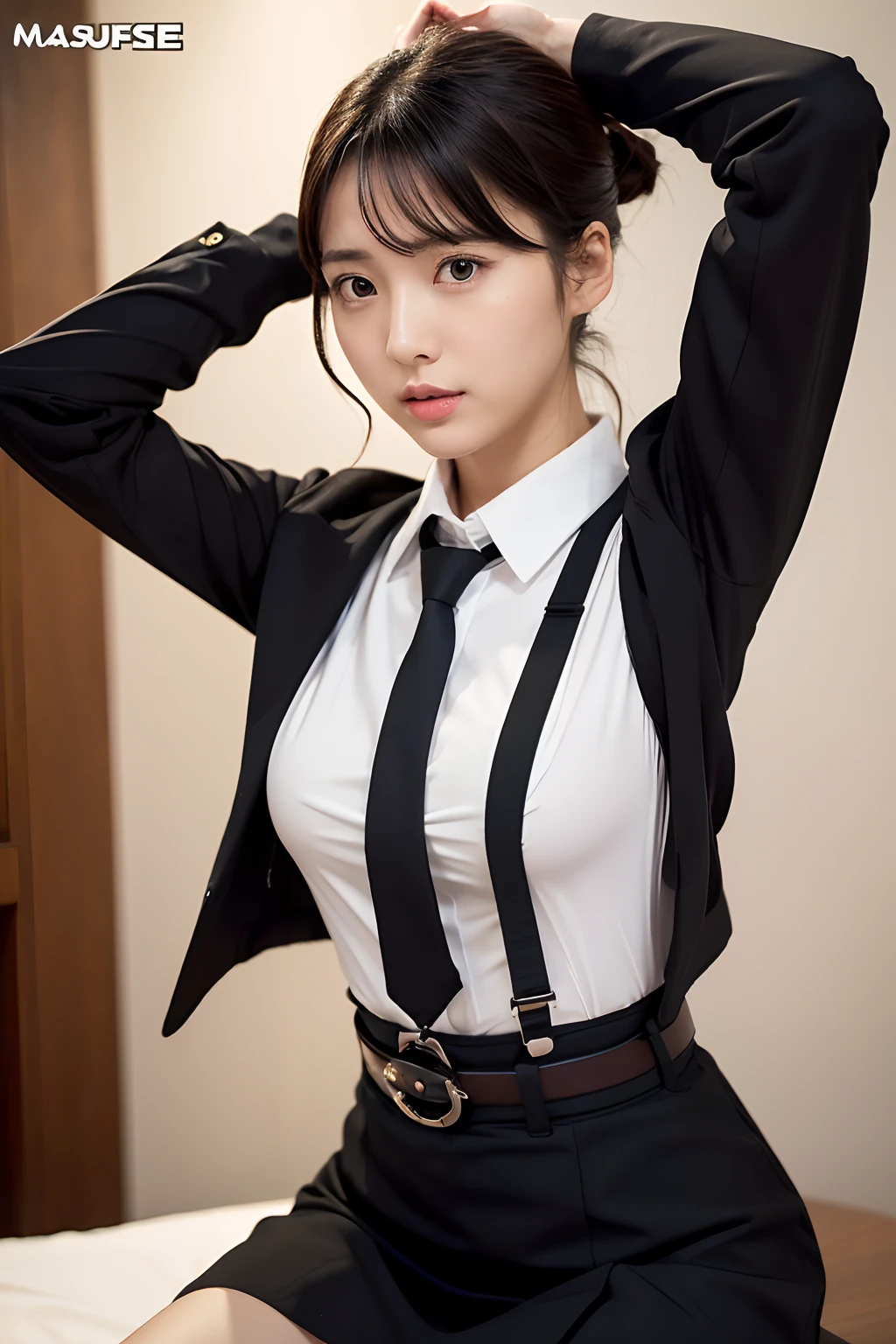 (masutepiece:1.2),High quality,vivd colour,flat-colors,Deep Depth Of Field,Lens Flare,1 girl,Black hair,eyecontact,Suit,Collared shirt,Belt bag,suspenders,Professional,Office Lady,Mature Women,Black mini skirt　garterbelts　knee high　Stockings　Black Niso　Colorcon armpit sweat　perspiring　Side of both hands,Black jacket,Gaze,ample bosom,Armpit sweat,Exposing the armpits"Pichi Pichi clothes