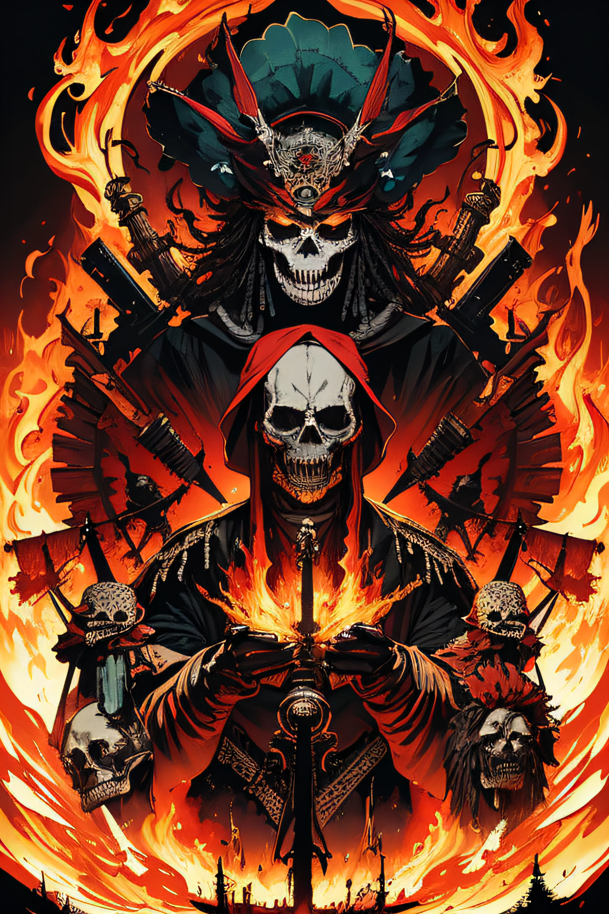 (Masterpiece, Best Quality), 8k Wallpaper, highly detailed, poster, Voodoo priest 1970s, exploitation, fire, skulls, bones, sexy, erotic, horror thriller cinematic movie poster, Bauhaus, shapes, lines, abstract, propaganda, movie poster, vintage, double exposure.