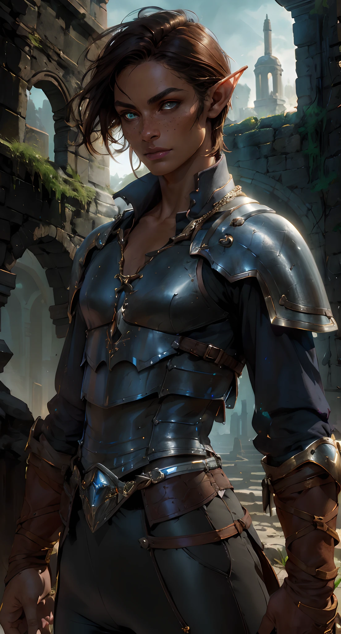 fentezi, dungeon, Ruins, Tanned elf with freckles, amber eyes, Short tousled dark hair, little chest, A scar on the cheekbone, plate armor, black leather pants, high boots, Around her neck is a golden stone, Behind her is a large greatsword, dark fantasy mixed with realism, Photos in RAW and 35mm format, Rich, Deep Colours, (intricate details:0.9), (HDR, hyper-detailing:1.2), (natural skin textures, hyper realisitc, soft light, Sharp),