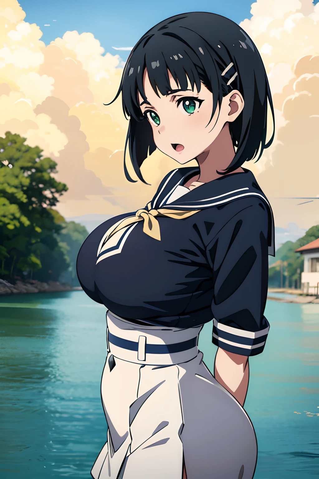 very huge tits,  white wet sailor uniform, , Naoha Kirigaya(sword art online), 1girl, bob hair, black hair, hairclip, ​masterpiece, green eyes, top-quality, A sexy、school、dynamic angle, view at camera, half body, open mouth,