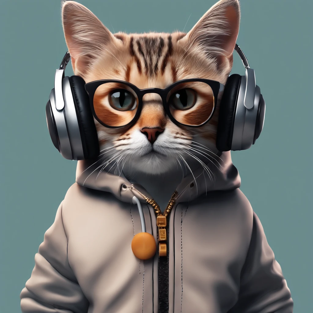 Perfect centering, Cute little cat, Wear a jacket, Wearing sunglasses, Wearing headphones, cheerfulness, Standing position, Abstract beauty, Centered, Looking at the camera, Facing the camera, Approaching perfection, Dynamic, Highly detailed, Smooth, Sharp Focus, 8K