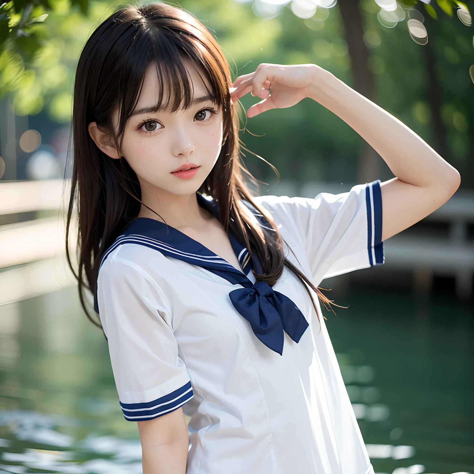 (One Girl), Very cute face, Great face and eyes, (Highly detailed eyes, Highly detailed face), Fresh, Very beautiful appearance, (Super realistic, High resolution), (highest quality:1.4), RAW Photos, (Realistic, Photorealistic:1.37), Professional photography , (see-through sailor suit:1.25)  , (Cleavage:1.2) , Smile a little, (Look at me) , Portrait of a Girl  , (Huge breasts:1.3)   , ()   , (ponytail hair) , (Nipples can be seen through the sailor suit:1.3) , (pussy juice:1.3) , (tilt your head slightly) , perfect nipples , ((nipples are pink)) , ((pink areola))  , (arms behind head:1.3) , (the man lick her nipple:1.4) , (cute face:1.2) , (young face:1.4) , (peeing:1.3)