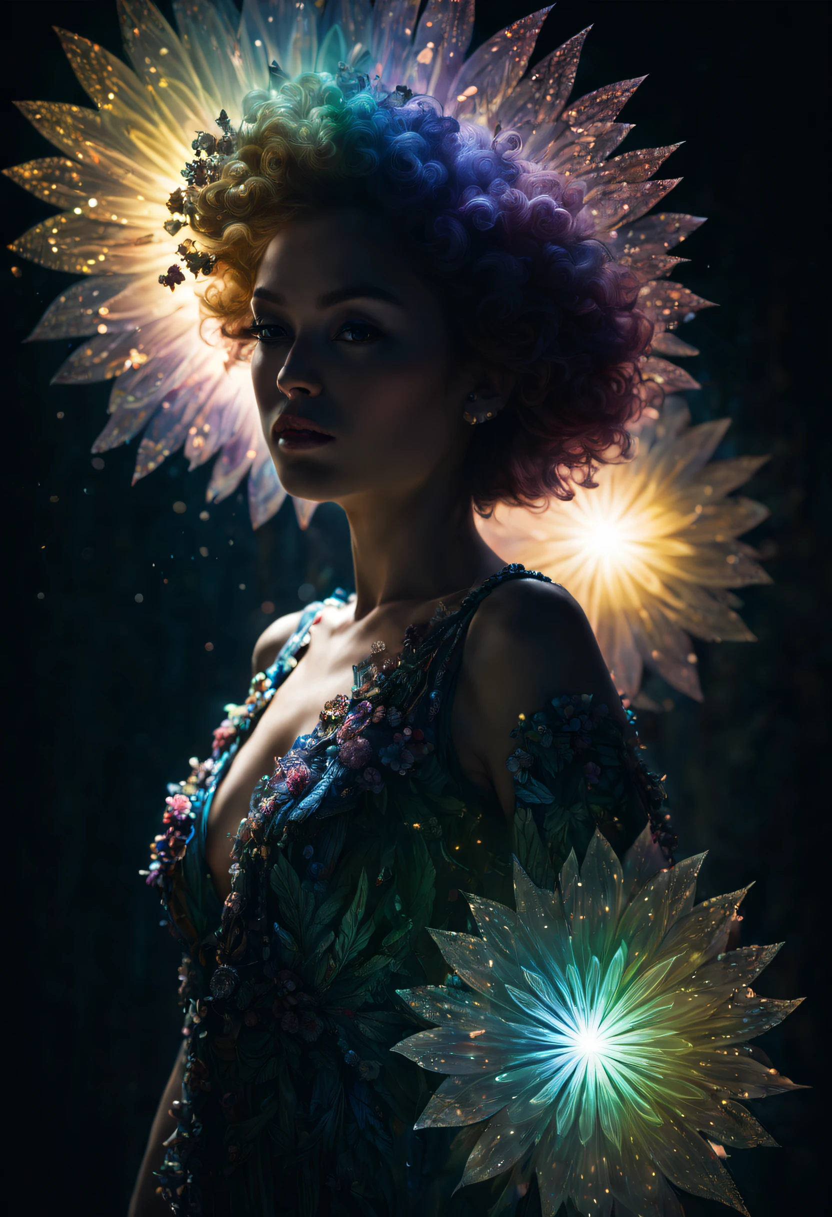 triadic colors, head and shoulders, solo, realistic, photorealistic, best quality, masterpiece, ultra high res, finely detailed, quality, realistic lighting, detailed skin, intricate details, raw photo, absurdres, highres, ultra detailed scarlem a tree of magical crystals an intricate surreal fractal, BREAK gorgeous makeup, stunning beauty, detailed skin, skin texture, skin pores, (freckles:1.15) BREAK (reflection, refraction, Rembrandt lighting, diffuse lighting, radiosity, photon mapping, subsurface scattering, atmospheric lighting, dynamic lighting, Multi-exposure HDR capture, Screen Space Global Illumination, Ray Tracing, Lumen Reflections, Tone Mapping, volumetric lighting, Circular polarizer, broad lighting, dramatic lighting, moody lighting:1.3), (explosive light and shadow, lens flare, light particle, lens glare, light particles, Luminescent Particles, floating particles, particles:1.2), (depth of field, blurry foreground, sharp focus, perspective, aerial perspective, film grain, film:1.4), (colorful refraction, iridescent colors, Iridescence:1.1), (dark studio, rim lighting, two tone lighting, dimly lit, low key, rim light, dark theme), watercolor style, soft blending, dreamy washes, delicate textures, brilliant colors, action painting, gestural marks, dynamic brushwork, expressive motion, spontaneous technique, abstract expressionism, energetic compositions, action pose, vibrant glow, dynamic colors, reflective surfaces, Overdetailed art, Water color painting, (atmosphere, Cosy, Peaceful, Hopeful:1.1), (Glowing ambiance, enchanting radiance, luminous lighting, ethereal atmosphere, mesmerizing glow, evocative hues, captivating coloration, enchanting aura, melanchonic soft light:1.1), official art, beautiful and aesthetic, beautiful, (zentangle, mandala, tangle, entangle), (ecstasy of flower:1.1), the most beautiful form of chaos, elegant, a brutalist designed, vivid colours, romanticism, atmospheric, warm tone, soft light, (fractal art) BR