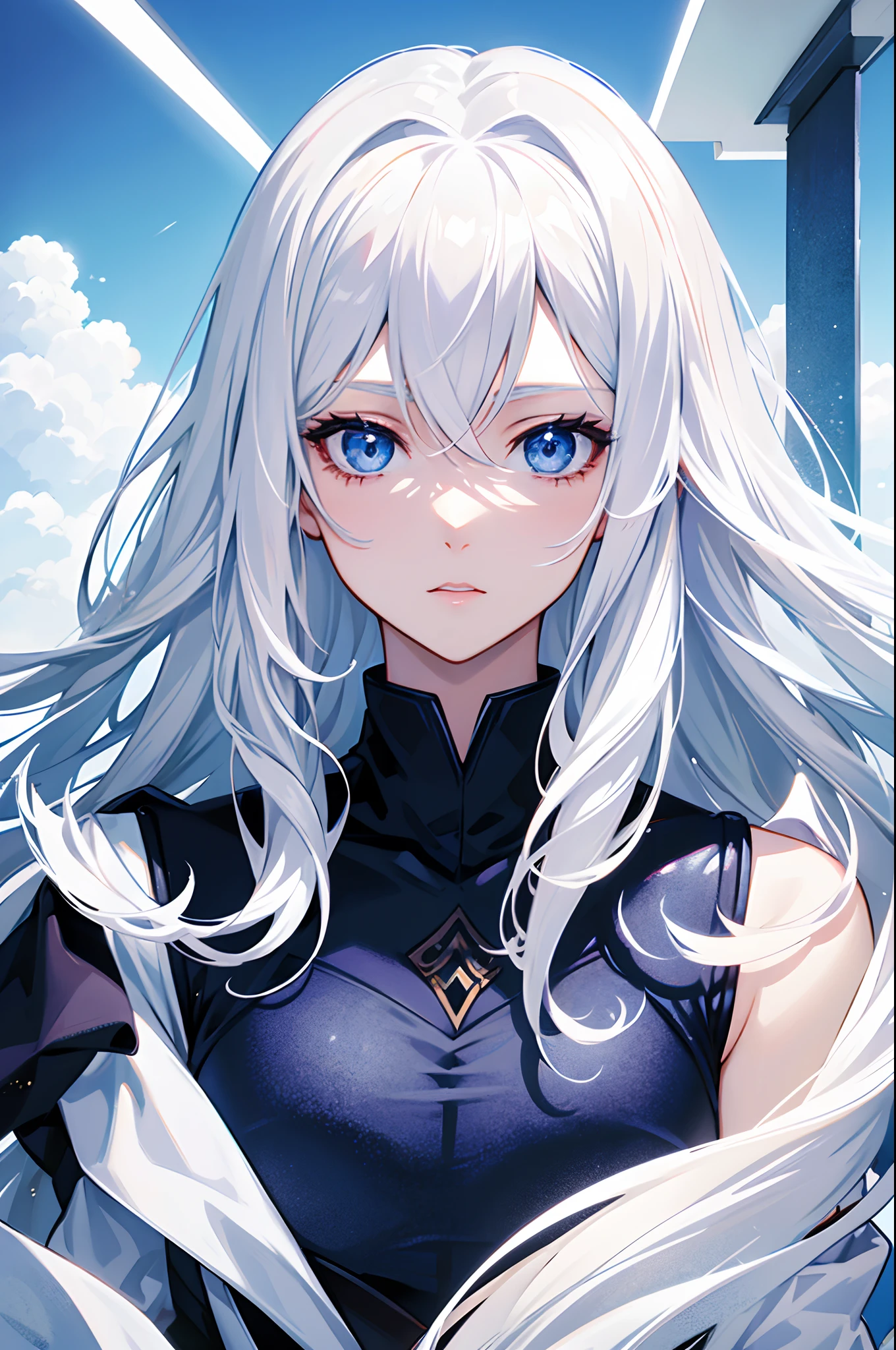 Cover magazine, anime, woman, solo, long hair, white hair, blue eyes, model, beautiful, upper body potrait, fantasy, ice, lady, princess