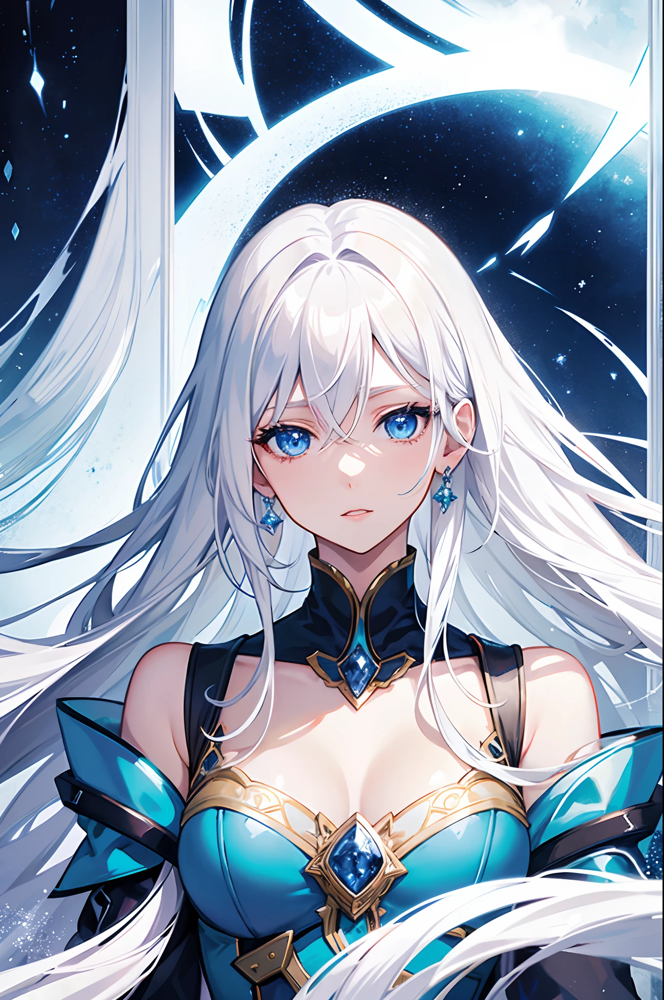 Cover magazine, anime, woman, solo, long hair, white hair, blue eyes, model, beautiful, upper body potrait, fantasy, ice, lady, princess