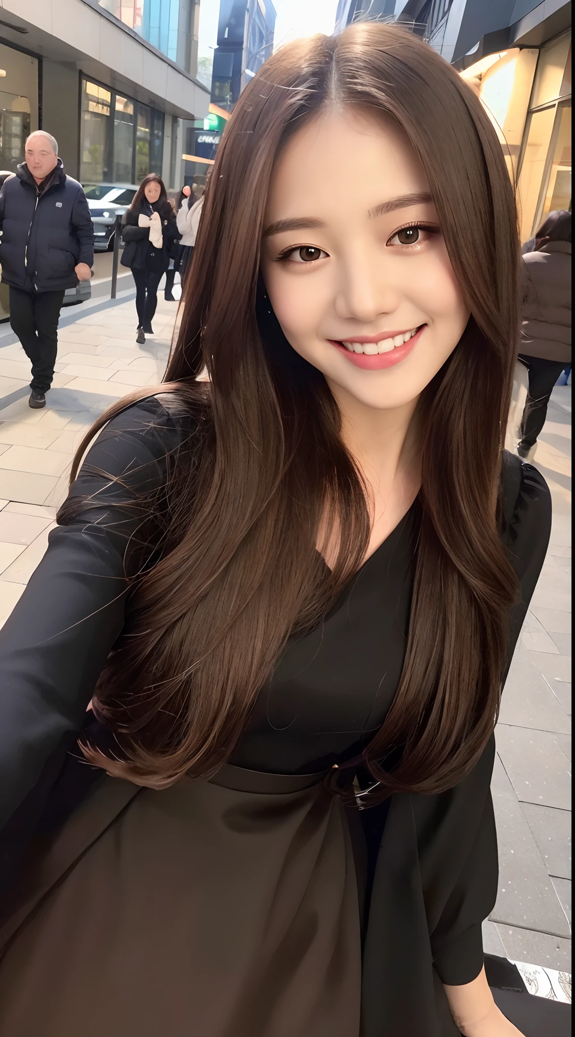 ((Best quality, 8k, Masterpiece :1.3)), 1girl, smiling, full body, slim face, Pretty woman, (Dark brown hair), full length dress :1.1, Ultra-detailed face, Detailed eyes, Double eyelid, blur background, slim face, city, outside, street,