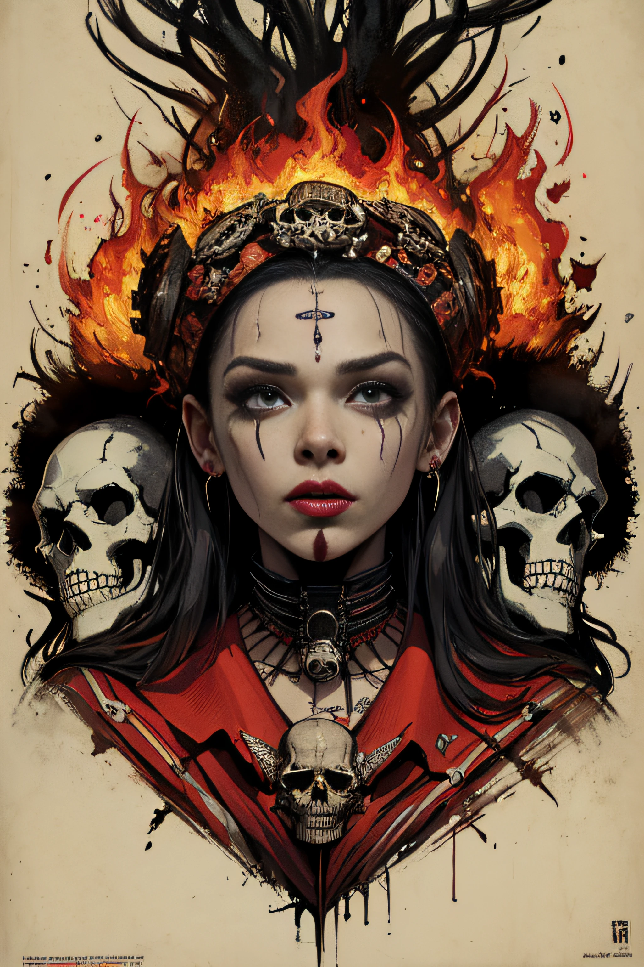 (Masterpiece, Best Quality), 8k Wallpaper, highly detailed, poster, Voodoo priest 1970s, exploitation, face paint, fire, skulls, bones, sexy, erotic, horror thriller cinematic movie poster, Bauhaus, shapes, lines, abstract, propaganda, movie poster, vintage, double exposure.