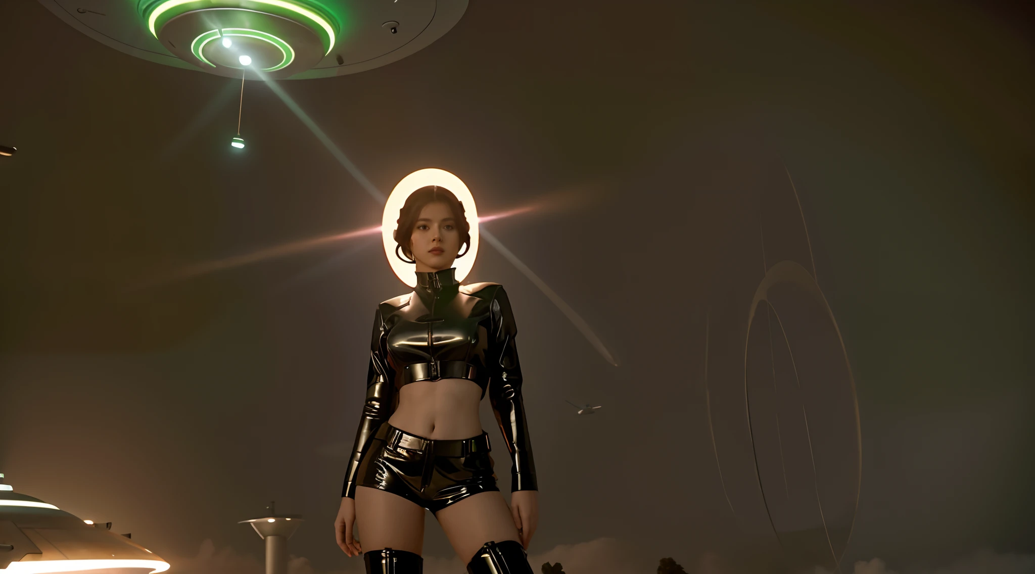 mulher loira, mulher jovem, coxas grossas, usando shorts curtosskintight de latex, seios nus, seios grandes, mamilos rosados, Standing in front of a flying saucer, Flying saucer hovering in the sky in a science fiction movie, epic sci-fi movie still, movie still of the alien girl, an epic scifi movie still, dramatic sci-fi movie still, alien woman, Sci Fi Dramatic Lighting, sci-fi cinematic movie still, alien girl, as a retro futuristic heroine, sci-fi movie still