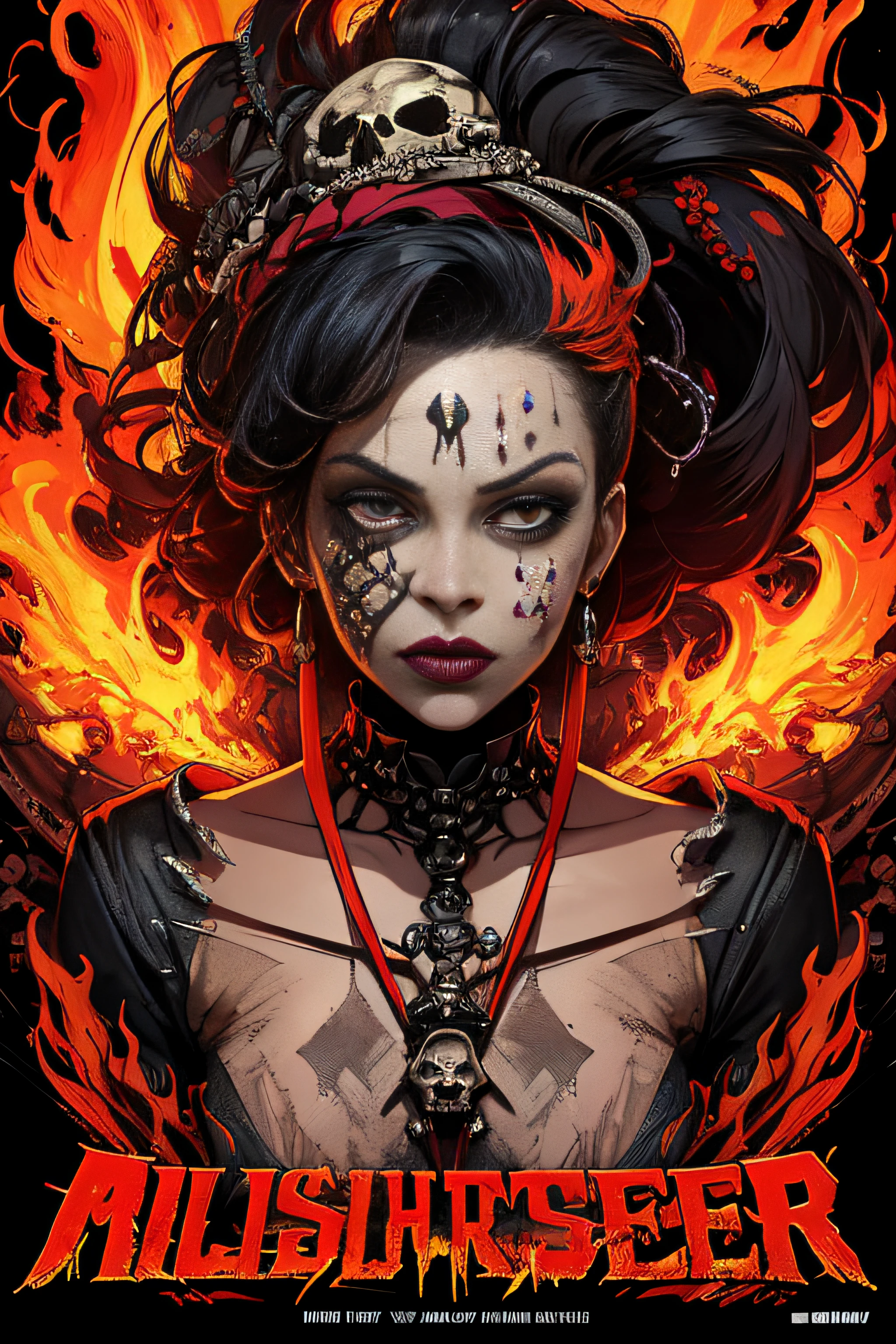 (Masterpiece, Best Quality), 8k Wallpaper, highly detailed, poster, Voodoo priest 1970s, exploitation, face paint, fire, skulls, bones, sexy, erotic, horror thriller cinematic movie poster, Bauhaus, shapes, lines, abstract, propaganda, movie poster, vintage, double exposure.