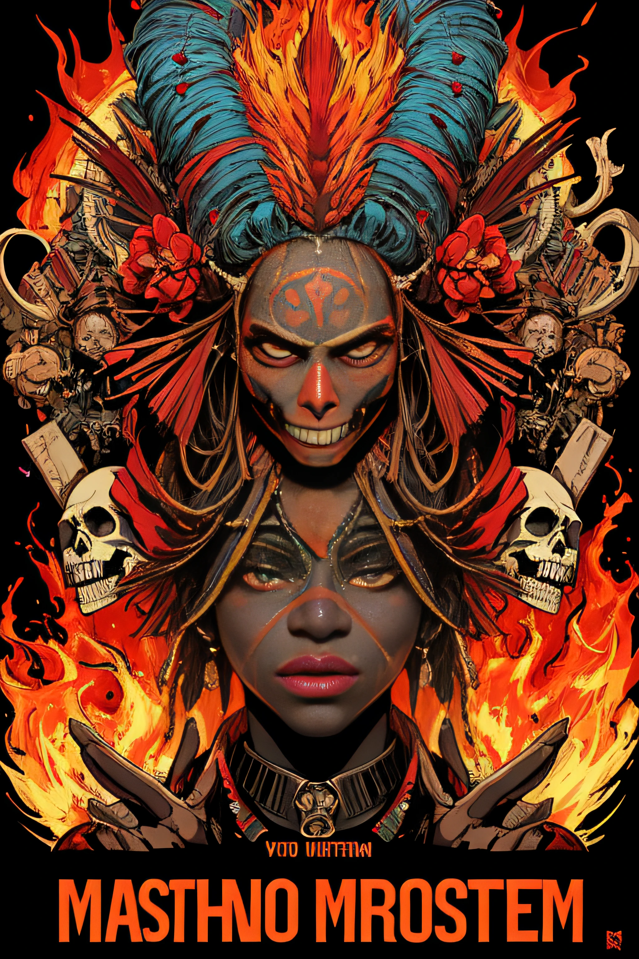 (Masterpiece, Best Quality), 8k Wallpaper, highly detailed, poster, male Voodoo priest 1970s, exploitation, face paint, fire, skulls, bones, sexy, erotic, horror thriller cinematic movie poster, Bauhaus, shapes, lines, abstract, propaganda, movie poster, vintage, double exposure.