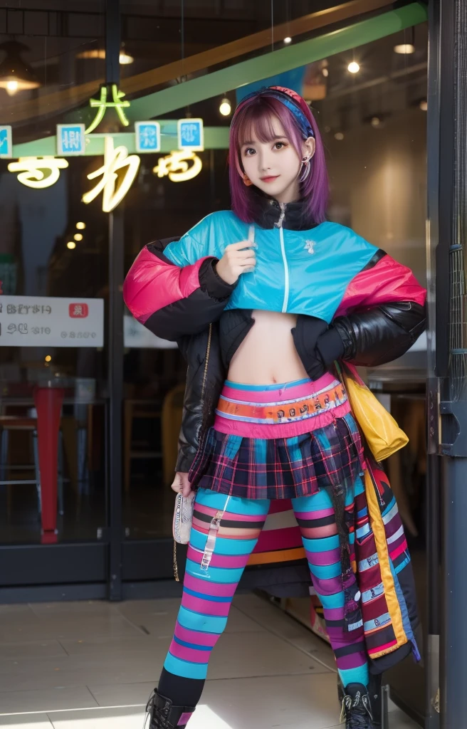 infp young woman、Good Style、Colorful hair、colorful fashion、Idol face、large full breasts、jaket、Shiny Mini Skirt、Colorful tights、