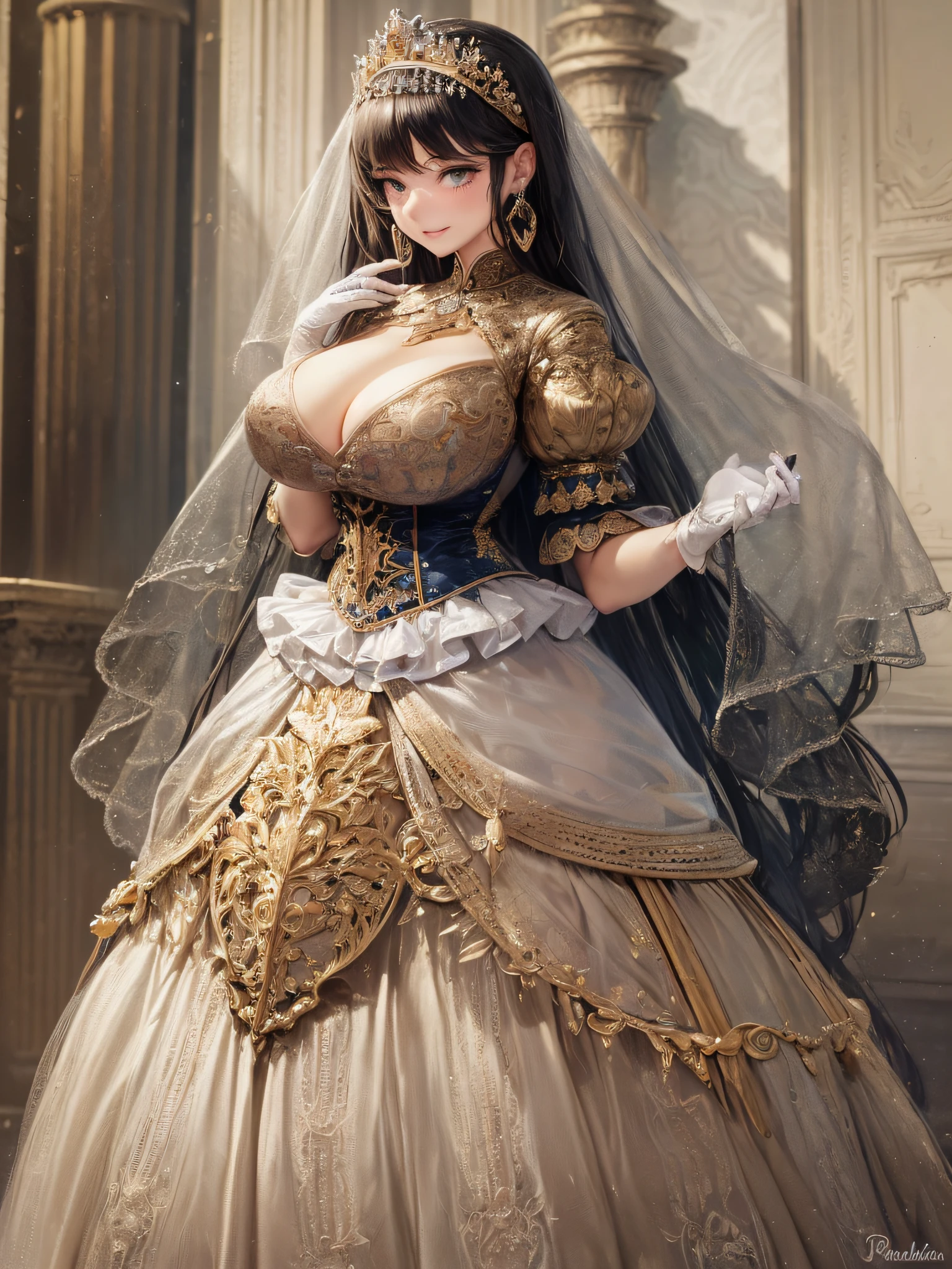 ((anime artstyle)),(Masterpiece),(Best Quality), (Super Detail),(Highly Detailed CG Unity 8k wallpaper),((Very Delicate and Beautiful)),1 lady,((full body portrait)),((standing in garden)),((solo)),(((1 princess in gorgeous embroidery and jeweled extremely gorgeous rococo princess ballgown with voluminous full length hoop skirt))),(((huge crinoline hoopskirt))),long train,((gorgeous embroidery and jeweled)),voluminous frills,See-through,(((extremely gigantic tits,skindentation))),cleavage,((absurdly Long Straight Hair,extremely voluminous Straight long Hair,absurdly Long Straight Hair)),(finely detailed face and eyes),((seductive smile,embarrassed)),clear pupil,extremely gorgeousfull hair ornament,(bling-bling jeweled extremely gorgeousfull tiara),((bling-bling gorgeous gemstone jewelry)),gorgeous long veil,((ultra long gloves)),(beautiful background),(full body),((gorgeous embroidery and jeweled extremely gorgeous rococo princess ballgown with voluminous full length hoop skirt))