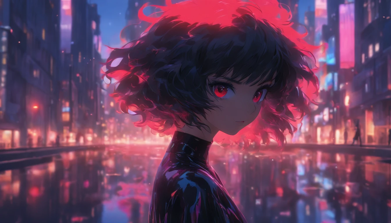 a girl, short black hair, red eyes, black dress, puddle, reflection, city, side street, sunset, pink sky, absurdres, high res, ultrasharp, 8K, masterpiece, photorealistic, scenic, cinematic lighting, closeup face photograph, niji, looking at viewer, psychedelic