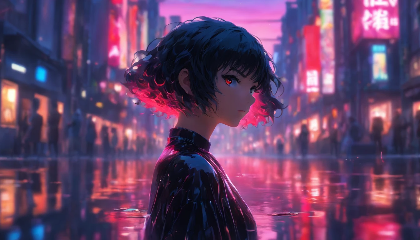 a girl, short black hair, red eyes, black dress, puddle, reflection, city, side street, sunset, pink sky, absurdres, high res, ultrasharp, 8K, masterpiece, photorealistic, scenic, cinematic lighting, closeup face photograph, niji, looking at viewer, psychedelic
