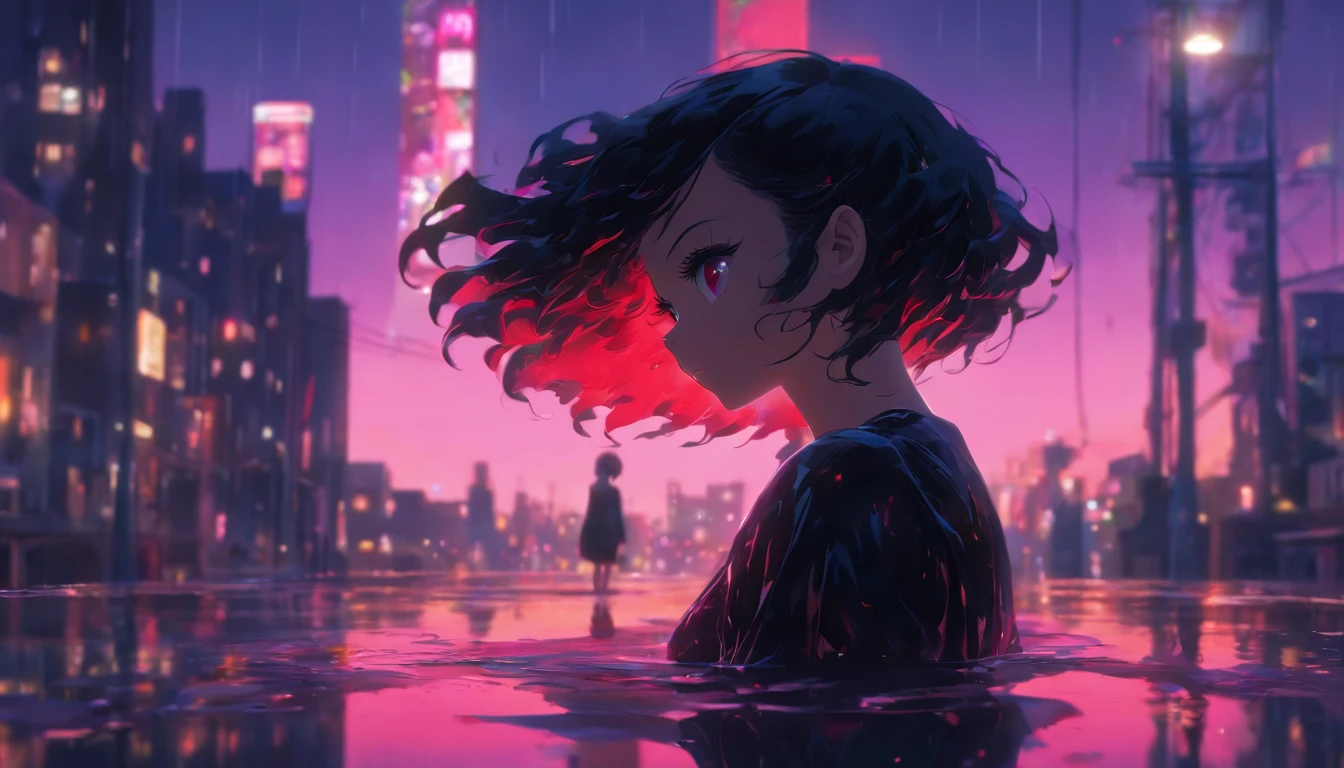 a girl, short black hair, red eyes, black dress, puddle, reflection, city, side street, sunset, pink sky, absurdres, high res, ultrasharp, 8K, masterpiece, photorealistic, scenic, cinematic lighting, closeup face photograph, niji, looking at viewer, psychedelic