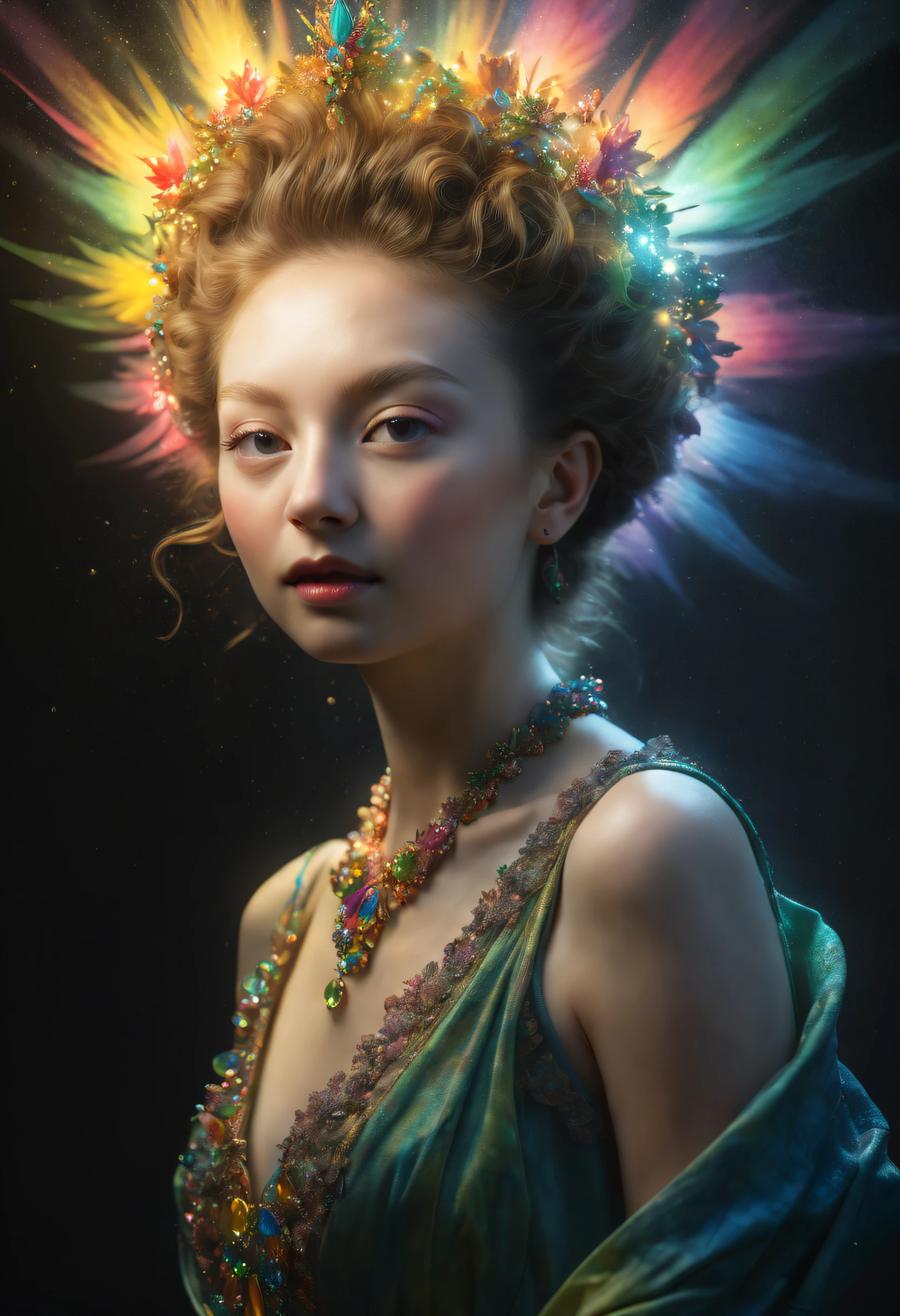triadic colors, head and shoulders, Solo, Realistic, Photorealistic, Best quality, Masterpiece, 超A high resolution, finely detailed, quality, Realistic lighting, Detailed skin, Intricate details, RAW photo, absurderes, A high resolution, Scars in ultra-fine detail A magical crystal tree Intricate surreal fractals, Break the gorgeous makeup, Stunning beauty, Detailed skin, Skin texture, skin pore, (freckle:1.15) Break (Reflection, refractions, Rembrandt lighting, diffuselighting, Radio City, photon maping, Subsurface scattering, Atmospheric lighting, Dynamic lighting, Multi-exposure HDR shooting, Screen Space Global Illumination, Ray tracing, lumen reflection, Tone-mapping, voluminetric lighting, Circular polarizer, Broad lighting, Dramatic lighting, Moody lighting:1.3), (explosive light and shadow, Lens flare, light particules, Lens glare, Light particles, Luminous Particle, Floating particles, Particle:1.2), (Depth of field, blurryforeground, Sharp focus, Perspective, aerial perspective, filmgrain, film:1.4), (colorful refraction, Iridescent colors, rainbowing:1.1), (Dark Studio, rim lit, twotonelighting, Dimly lit, low tune, rim-light, Dark theme), WaterColor style, soft blending, dreamy washes, delicate textures, Brilliant colors, Action painting, Gesture markers, Dynamic strokes, Expressive movements, Spontaneous technology, abstract expressionism, Vibrant composition, actionpose, Vibrant glow, Dynamic colors, shiny reflective surfaces, overdetailed art, watercolor paiting, (atmosphere, Cosy, Peaceful, Hopeful:1.1), (glowing ambiance, enchanting glow, luminouslighting, Ethereal atmosphere, A mesmerizing glow, evocative hues, captivating coloration, Enchanting aura, Melancholic soft light:1.1), offcial art, Beautiful and aesthetic, Beautiful, (zentangle, mandalas, tangled, entangle), (ecstasy of flower:1.1), The most beautiful form of chaos, elegant, Fauvistdesign, vivd colour, romanticism lain, Atmospheric, a warm color palette, Soft light, (Fractal art) BR