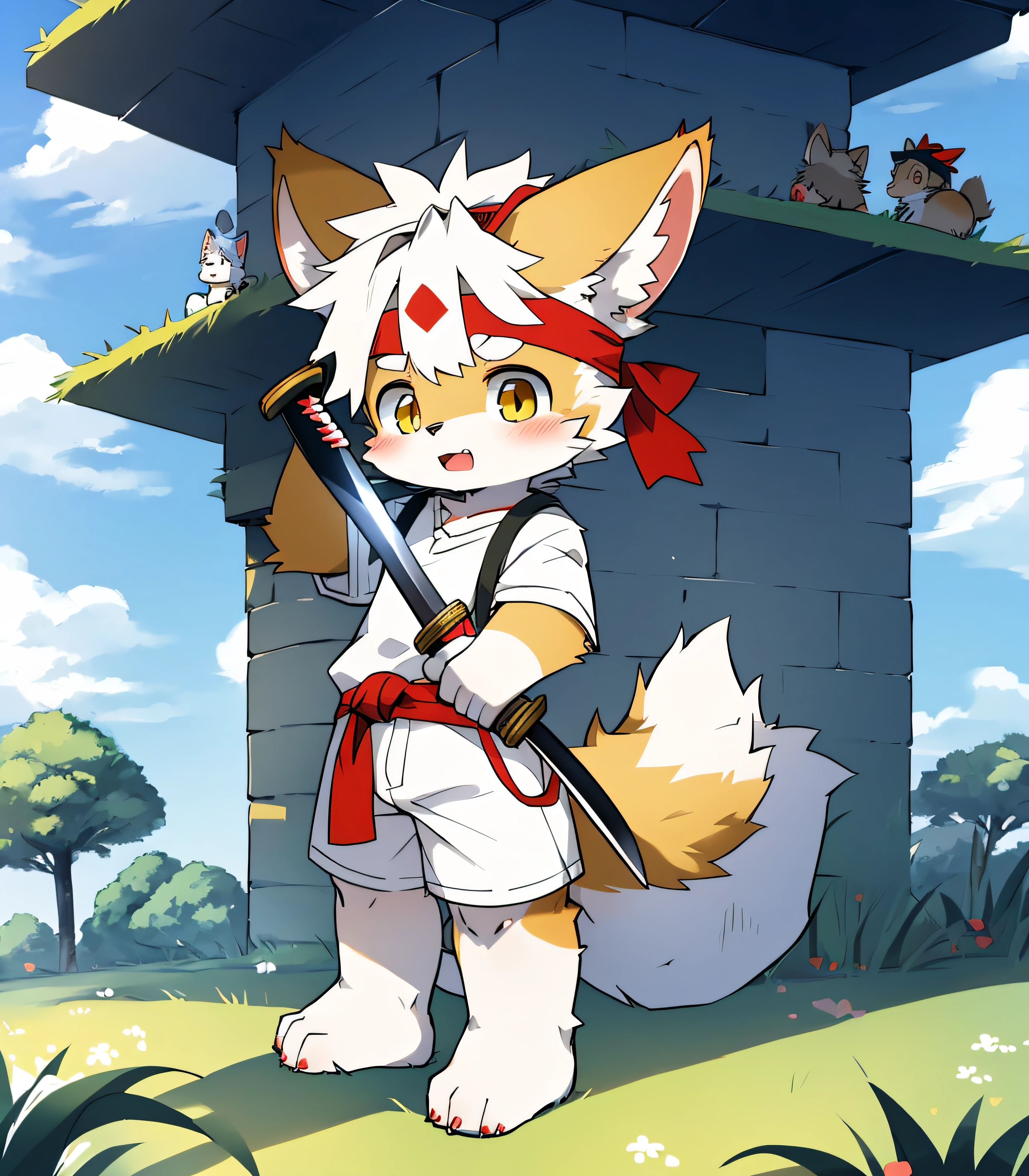 Species Wolf,Little Wolf,Wolf boy,Sharp ears,Fur in many colors,Fur in many colors,Skin of many colors,Beast too,Orc little boy,grassy fields,lawns,standing on your feet,Attention,blue-sky,shaggy,shaggy,Fur in many colors,Fur in many colors,Fur in many colors,Fur in many colors,male people,canid,adolable,adolable,adolable,solo person,A variety of colors of fur,Golden eyes,Thick eyebrows,Fluffy tail,white short sleeve,short white pants,ultra - detailed:1.0,Libido boy,toddlers,toddlers,toddlers,Children,children's,Gamine,Beast too,Beast too,Beast too,adolable,adolable,younge boy(Via Dagasi:1.1),anatomy correct,Barefoot paws,Barefoot paws,standing on your feet,Attention,bald-headed,bald-headed,balding,balding,Foot claws in many colors,Stand on the lawn,standing in grassy field,Stand on the lawn,red waistband,Red headband,Blood,A child with a katana in his hand,A child with a serious expression,Fur in many colors