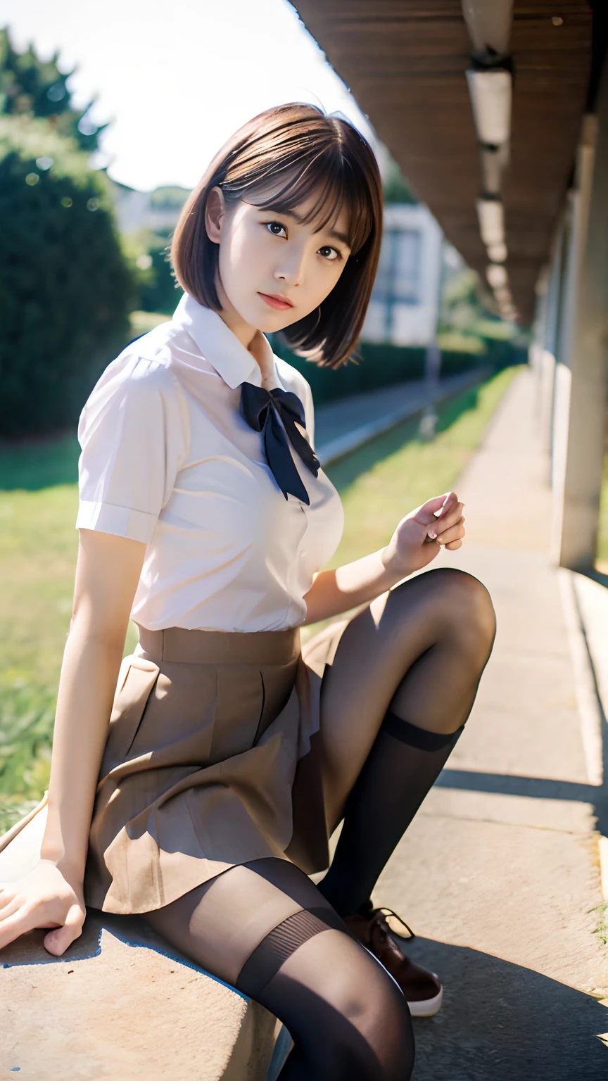 (8K、top-quality、masterpiece:1.2)、(reallistic、Photorealsitic:1.2)、 Phenomenally cute girl、14years、sitting on、(((pantyshot)))、(((Spread your legs apart)))、独奏、Classroom、watching at viewers、(Sit up:1.5)、In the school、Chest that looks like it's going to burst、Fine and beautiful eyes、)、(Dark blonde hair:1)、(short-hair:1.1)、pantyshot, Spread your legs apart, skirt by the, student clothes, white panties, sockes, A dark-haired, The shirt, bblurry, blurry backround, knee high, white shirt, lowfers, life-like, length hair, s lips, Brown-eyed, Black socks, neck tie, pleatedskirt, the bow, head rest, looking to side, plein air, Brown Footwear, masterpiece, top-quality, ultra-detailliert、(((pantyshot)))、(((Spread your legs apart)))、Inviting eyes、