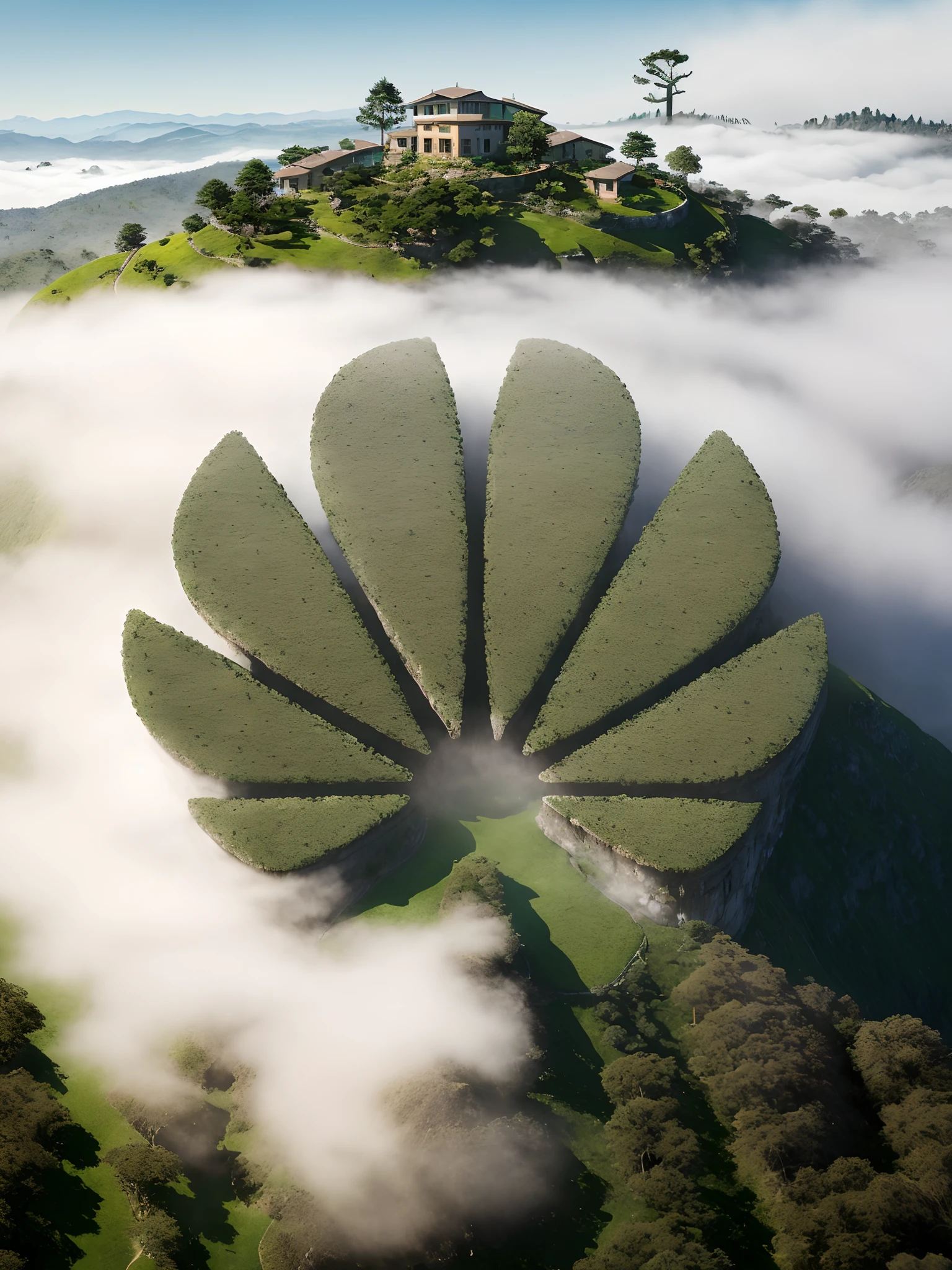 materpiece,best quality,top view,bird 's-eye view,in spring,((tea tree)),mountains,undulation,a dense tea tree,house,surrounded by mist,real,uper foggy landscape of the Forest trees barely poking through,stream,