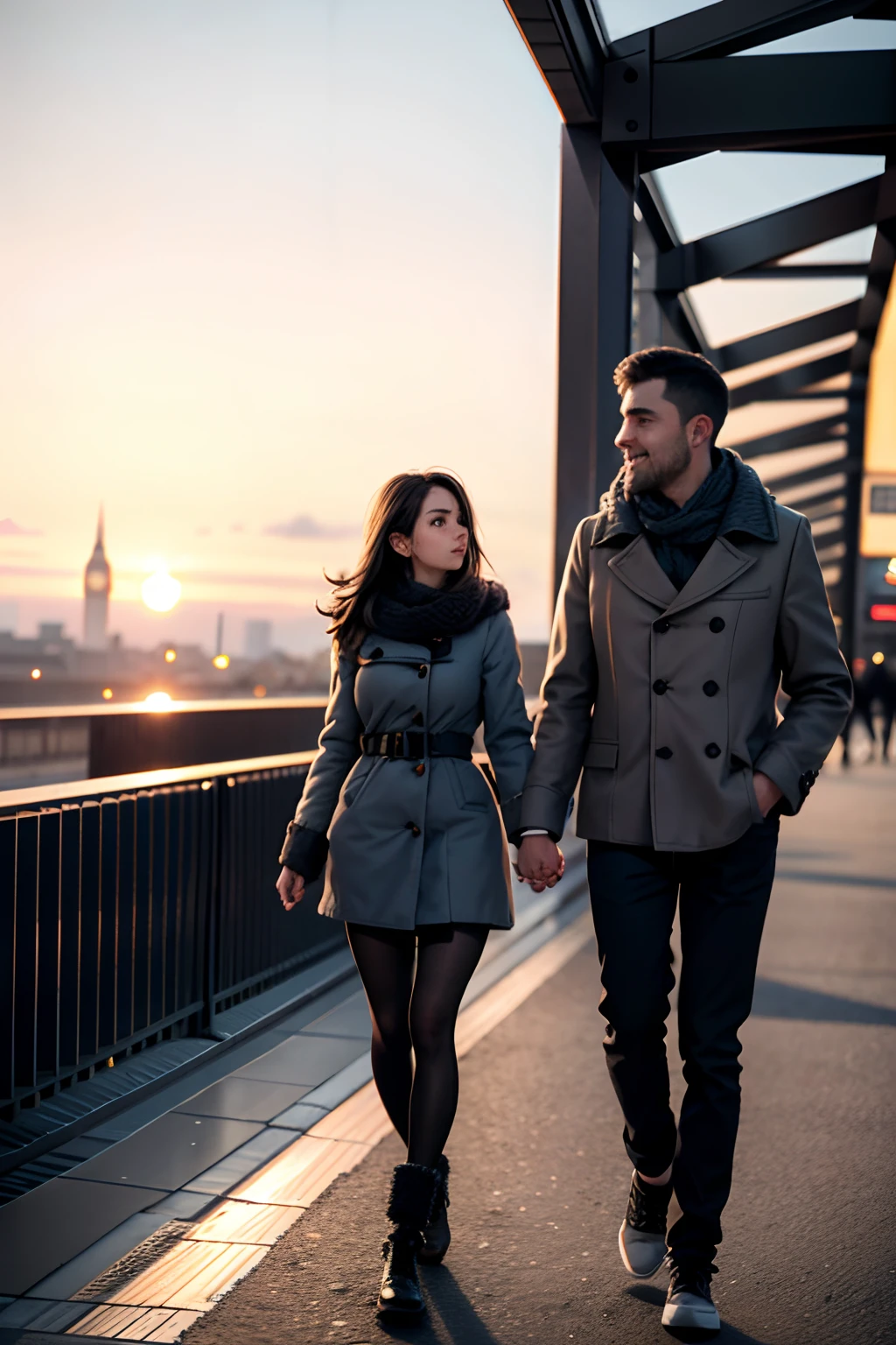 a man and a brunette woman walking near london bridge in winter outfit, sunset, holding hands, hyper realistic, winter climate,