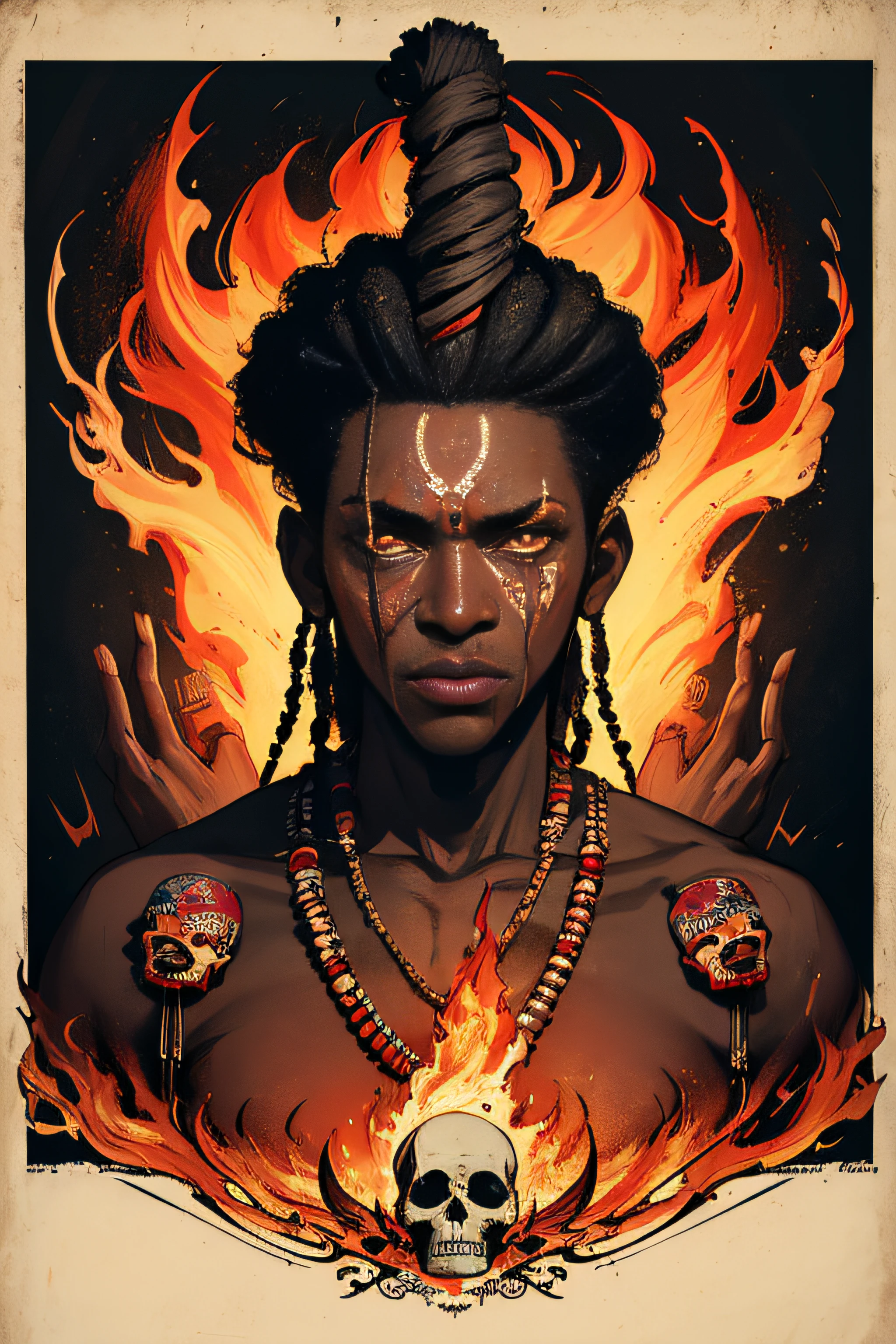 (Masterpiece, Best Quality), 8k Wallpaper, highly detailed, poster, male Voodoo priest 1970s, exploitation, face paint, fire, skulls, bones, sexy, erotic, horror thriller cinematic movie poster, Bauhaus, shapes, lines, abstract, propaganda, movie poster, vintage, double exposure.