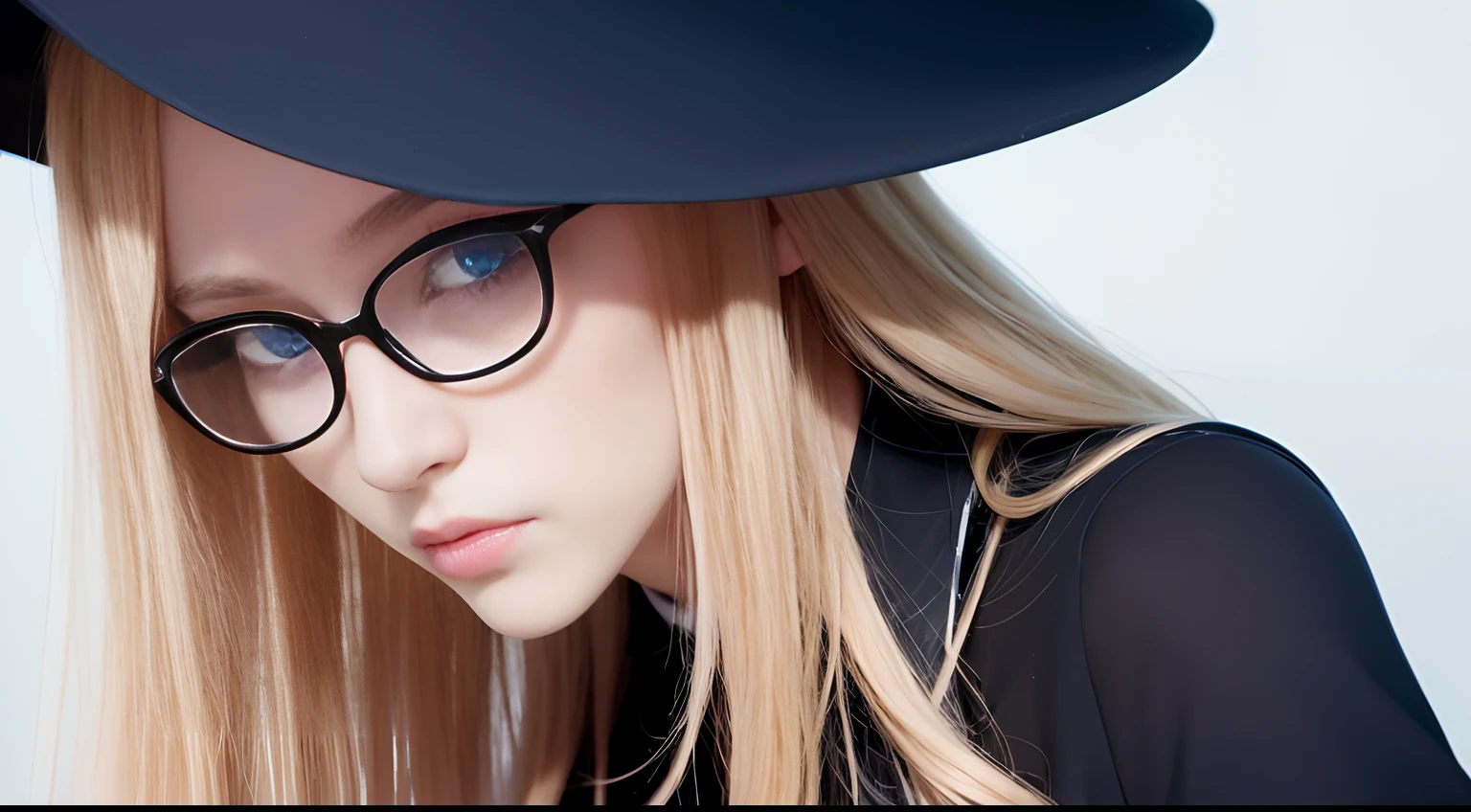 slim, narrow eyes, ((blue eyes)), wavy hair, strawberry-blonde hair, long hair, round glasses, black hat, wide-brimmed hat, black dress, white collar, long sleeves, a large black ribbon tied under the collar, upper body, solo, extremely beautiful ,exquisite face, intimidating look