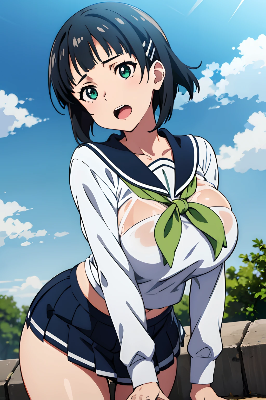 very huge tits,  white wet sailor uniform, , Naoha Kirigaya(sword art online), 1girl, bob hair, black hair, hairclip, ​masterpiece, green eyes, top-quality, A sexy、school、dynamic angle, view at camera, half body, open mouth,