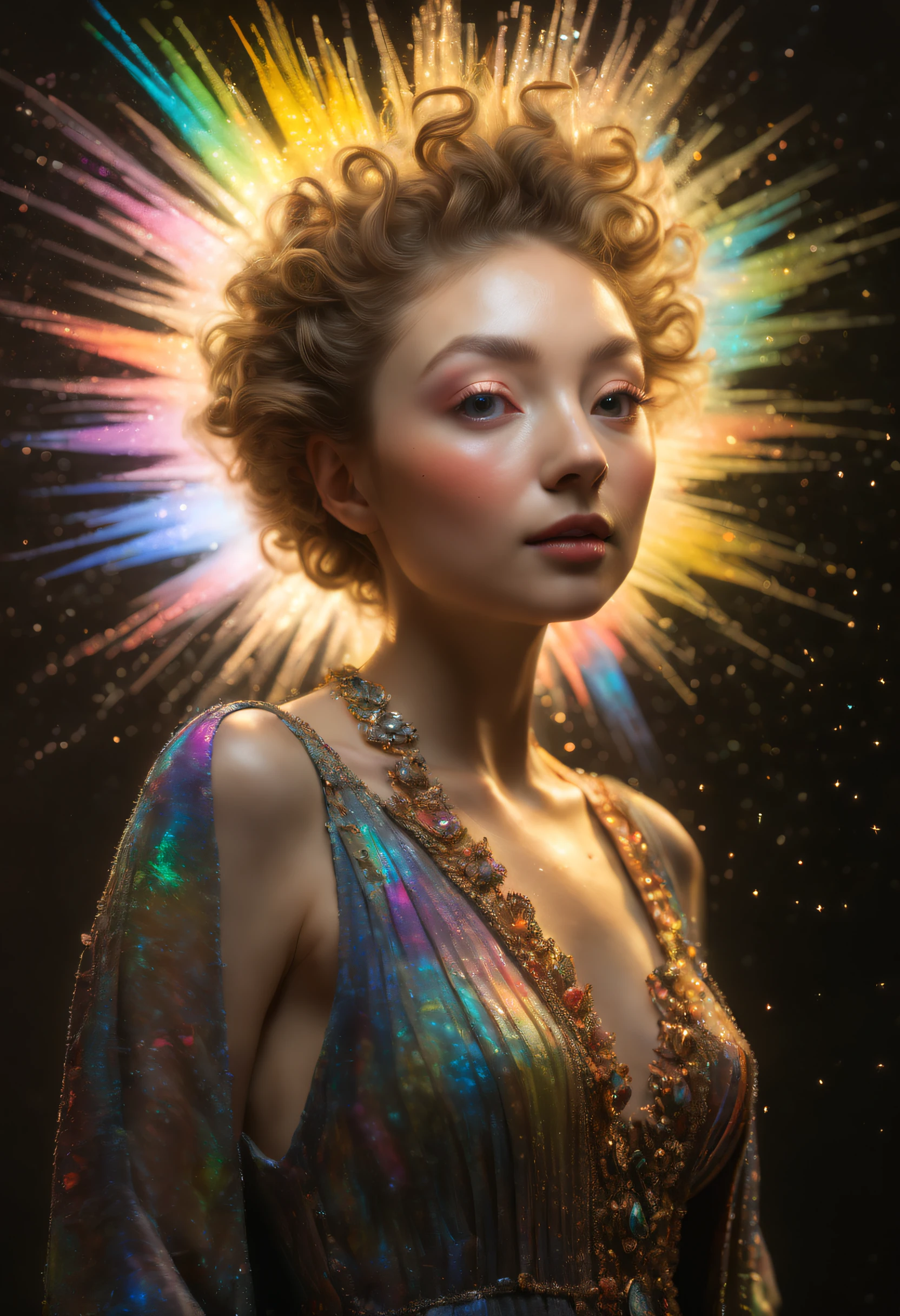 triadic colors, head and shoulders, Solo, Realistic, Photorealistic, Best quality, Masterpiece, 超A high resolution, finely detailed, quality, Realistic lighting, Detailed skin, Intricate details, RAW photo, absurderes, A high resolution, Scars with ultra-fine details Magical crystal trees Intricate surreal fractals, Break the flashy makeup, Stunning beauty, Detailed skin, Skin texture, skin pore, (freckle:1.15) Break (Reflection, refractions, Rembrandt lighting, diffuselighting, Radio City, photon maping, Subsurface scattering, Atmospheric lighting, Dynamic lighting, Multi-exposure HDR shooting, Screen Space Global Illumination, Ray tracing, lumen reflection, Tone-mapping, voluminetric lighting, Circular polarizer, Broad lighting, Dramatic lighting, Moody lighting:1.3), (explosive light and shadow, Lens flare, light particules, Lens glare, Light particles, Luminous Particle, Floating particles, Particle:1.2), (Depth of field, blurryforeground, Sharp focus, Perspective, aerial perspective, filmgrain, film:1.4), (colorful refraction, Iridescent colors, rainbowing:1.1), (Dark Studio, rim lit, twotonelighting, Dimly lit, low tune, rim-light, Dark theme), WaterColor style, soft blending, dreamy washes, delicate textures, Brilliant colors, Action painting, Gesture markers, Dynamic strokes, Expressive movements, Spontaneous technology, abstract expressionism, Vibrant composition, actionpose, Vibrant glow, Dynamic colors, shiny reflective surfaces, overdetailed art, watercolor paiting, (atmosphere, Cosy, Peaceful, Hopeful:1.1), (glowing ambiance, enchanting glow, luminouslighting, Ethereal atmosphere, A mesmerizing glow, evocative hues, captivating coloration, Enchanting aura, Melancholic soft light:1.1), offcial art, Beautiful and aesthetic, Beautiful, (zentangle, mandalas, Tangled, entangle), (ecstasy of flower:1.1), The most beautiful form of chaos, elegant, Fauvistdesign, vivd colour, romanticism lain, Atmospheric, a warm color palette, Soft light, (Fractal art) BR