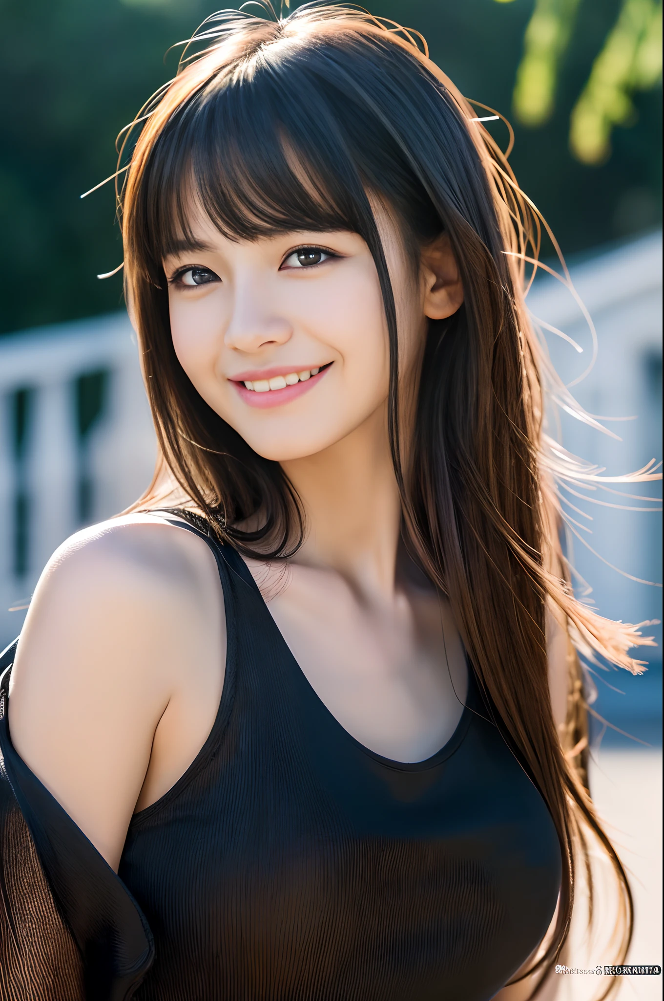 (RAW photo:1.2), (photorealistic:1.4),(masterpiece:1.3),(best quality:1.4),ultra high res,(detailed eyes),(detailed facial features),(detailed clothes features),HDR, (extreme detailed illustration),
slender girl,
long hair, bangs, straight hair,
shiny skin,
black dress,
smile,