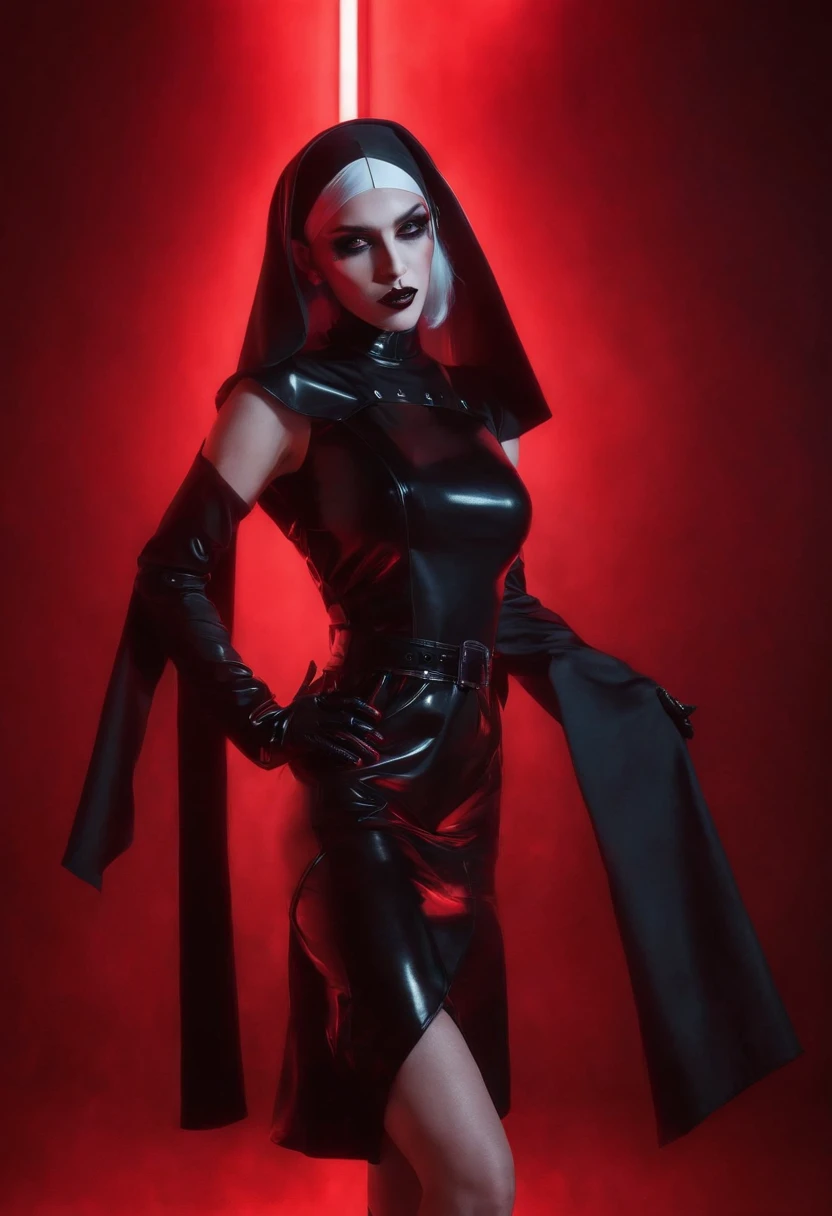 Sexy demon nun dressed in latex lingerie posing for a photo, red neon lights, red background, darksynth aesthetic, fetish fashion aesthetic, perfect body, sexy nun, demon woman, gothic fashion, goth aesthetic, vampire aesthetic.