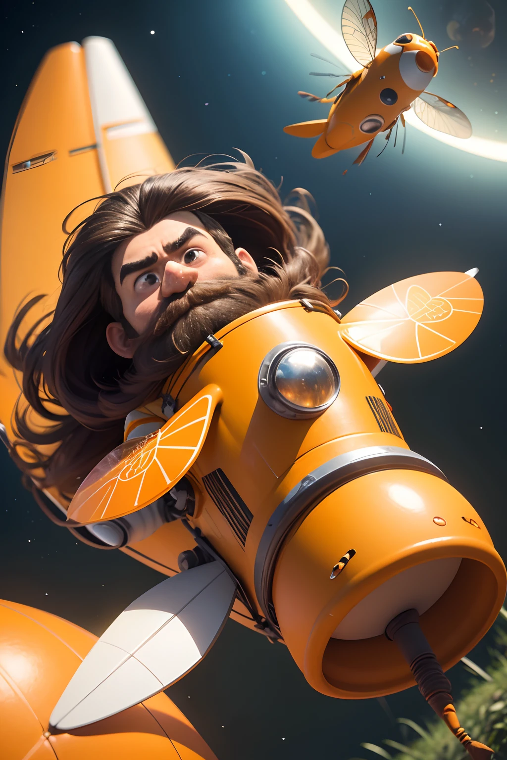 a closeup of a. 3D Disney Pixar cartoon about a guy, Long brown hair, thick mustache,,,, dressed in an orange and white spacesuit, Flying on a yellow futuristic low-flying vehicle over the grass in the jungle on an alien planet. a lot of details. Lots of insects. Blurred background in motion. Light haze