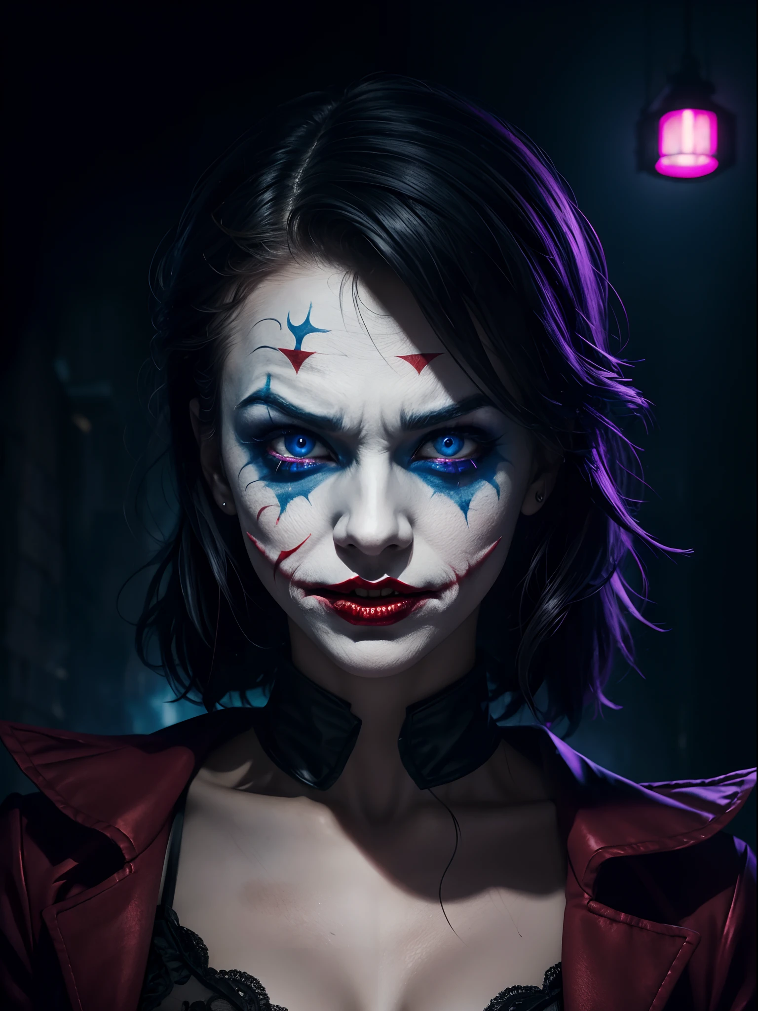 girl joker makeup at haunted house, thunder lighting collapse, realistic, horror, terrifying portrait, 24k UHD resolution, background blurred bokeh, blue and red light effects, glowing effects, night terrifying view