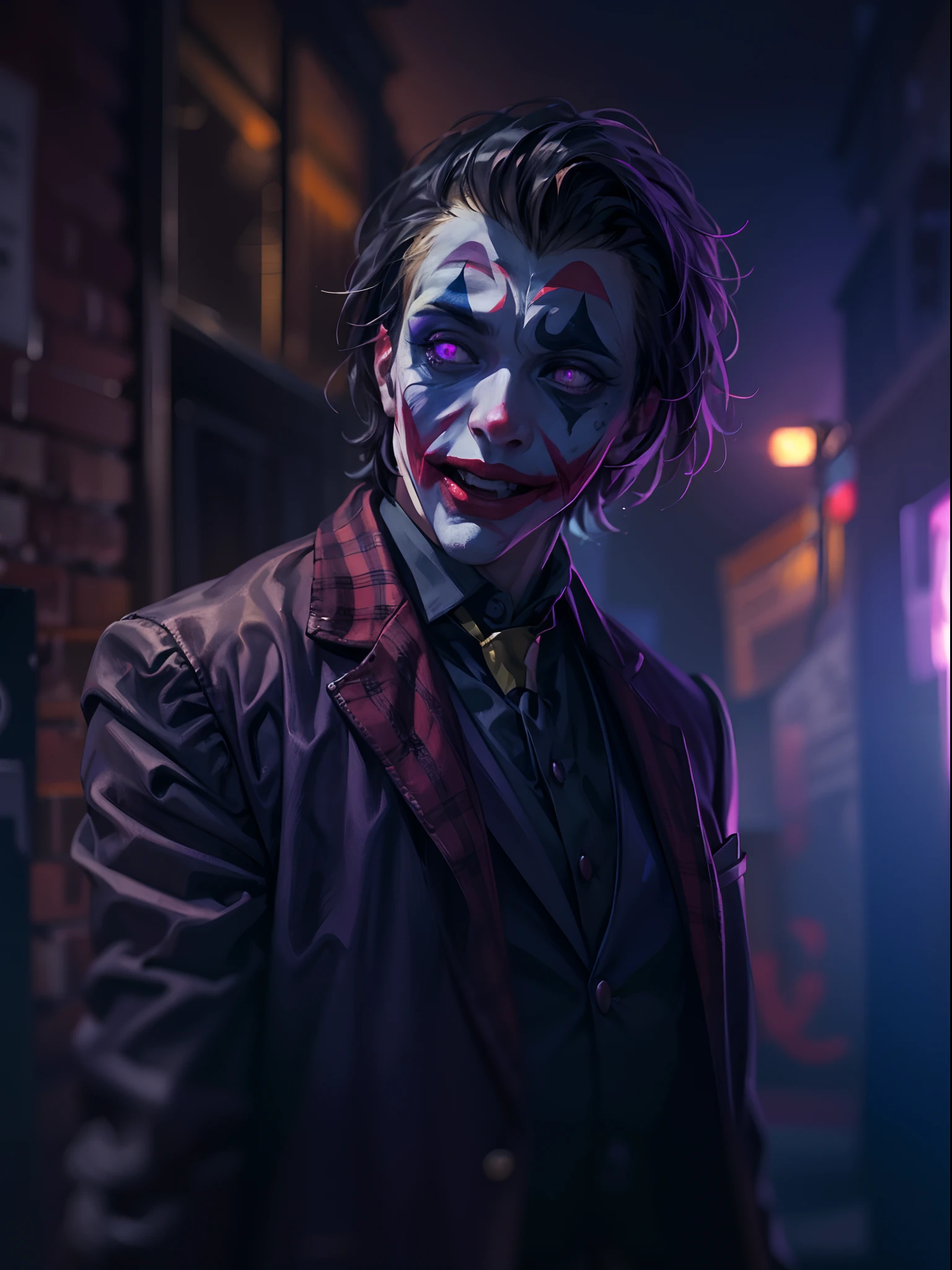 Man with joker makeup at haunted house, thunder lighting collapse, realistic, horror portrait, 24k UHD resolution, background blurred bokeh, purple and red light effects, glowing effects, night terrifying view