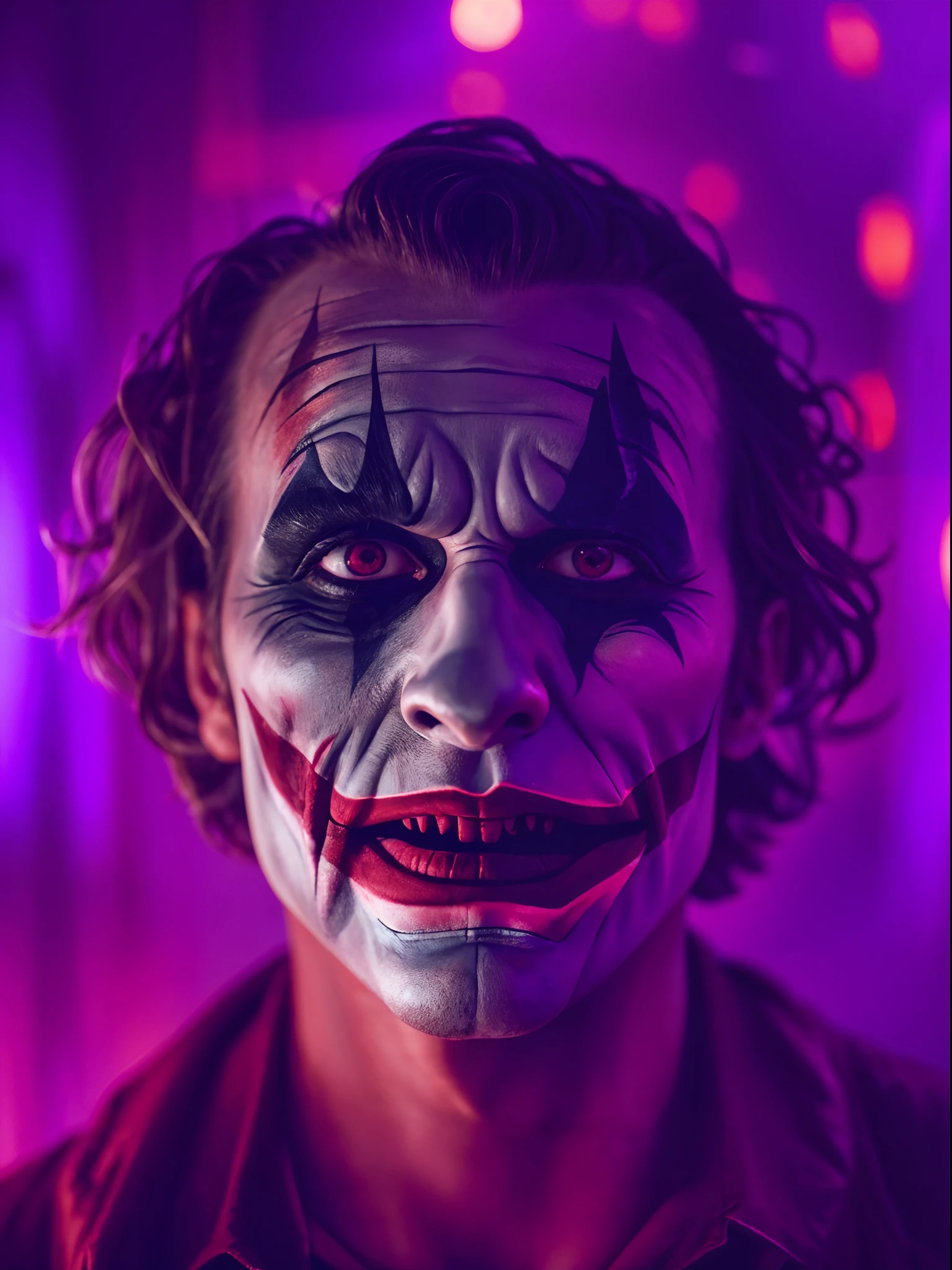 Man with joker makeup at haunted house, thunder lighting collapse, realistic, horror portrait, 24k UHD resolution, background blurred bokeh, purple and red light effects, glowing effects, night terrifying view