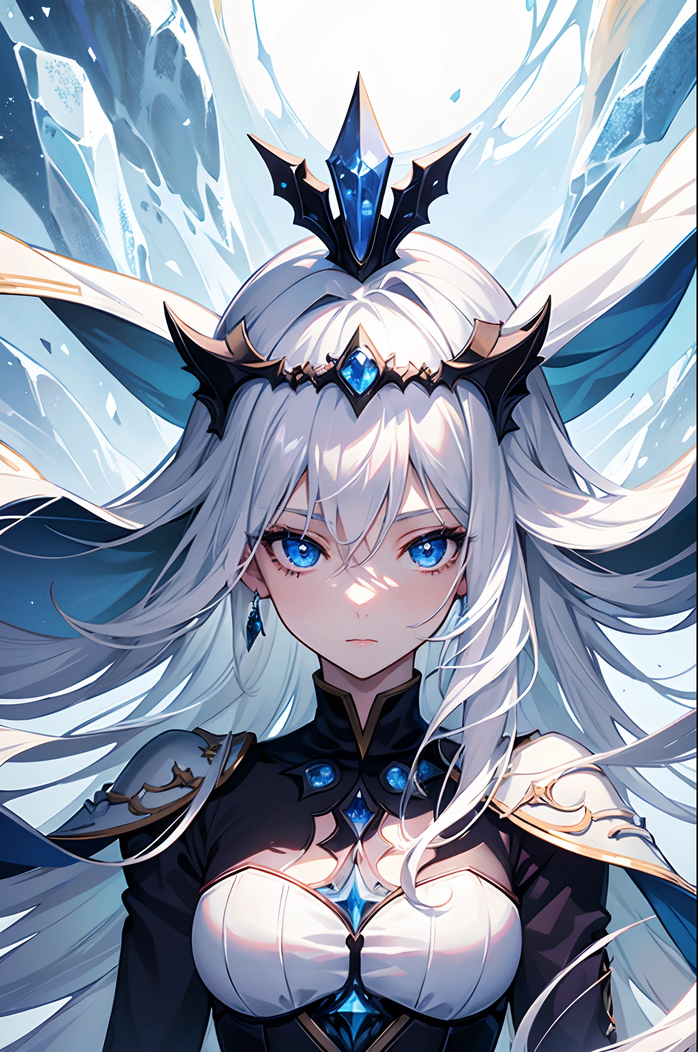 Cover magazine, anime, woman, solo, long hair, white hair, blue eyes, model, beautiful, upper body potrait, fantasy, ice, lady, princess. She's in darkness