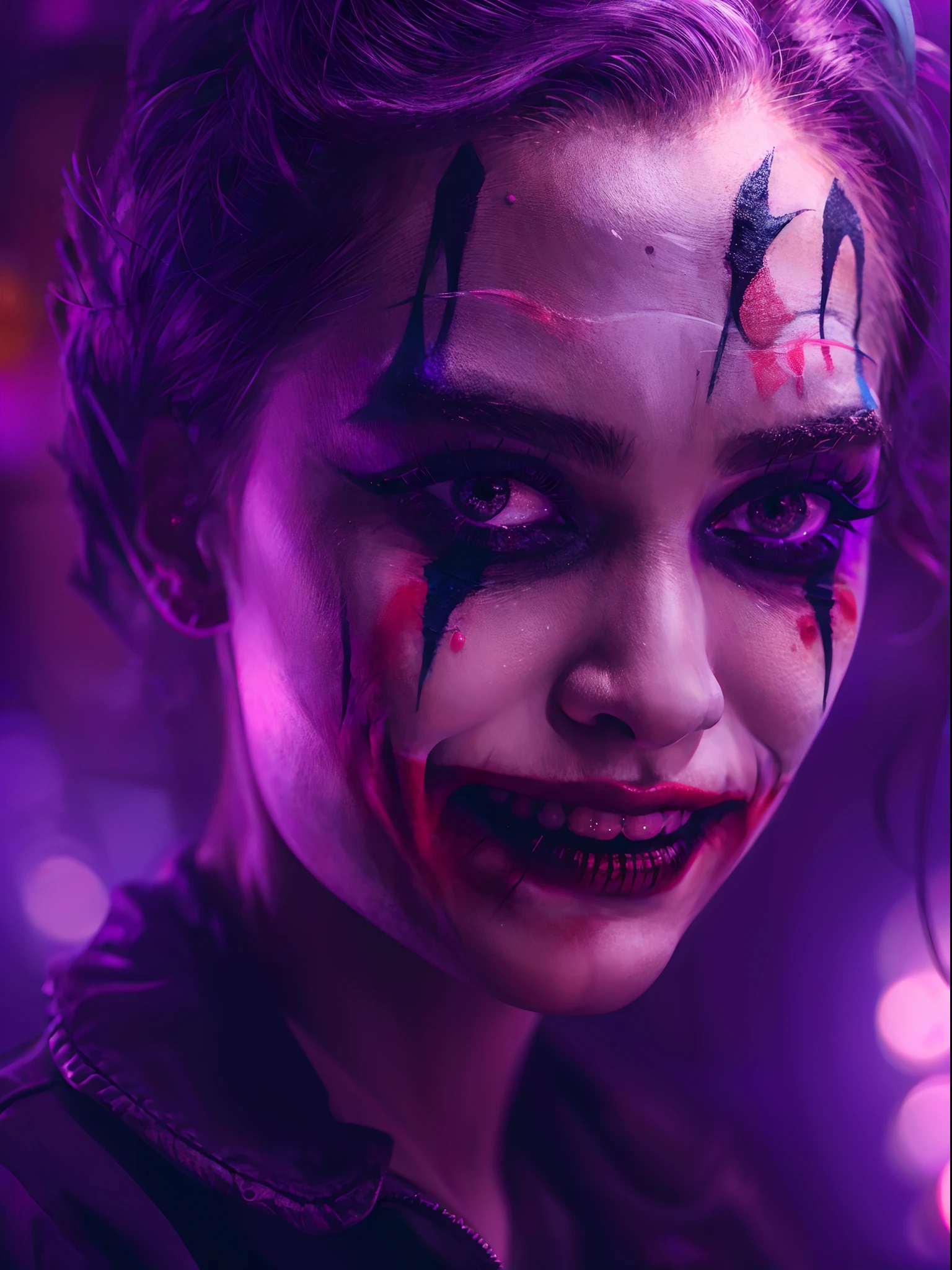 girl with joker makeup at haunted house, thunder lighting collapse, realistic, horror portrait, 24k UHD resolution, background blurred bokeh, purple and red light effects, glowing effects, night terrifying view