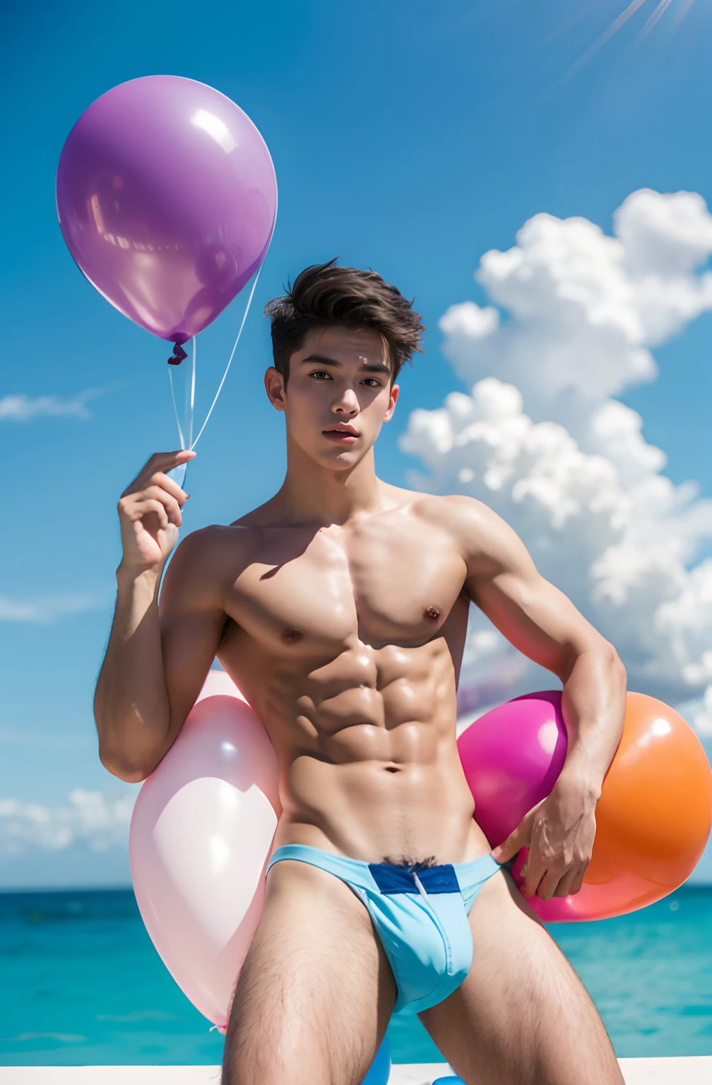 young guy shirtless in speedos sitting on big balloons
