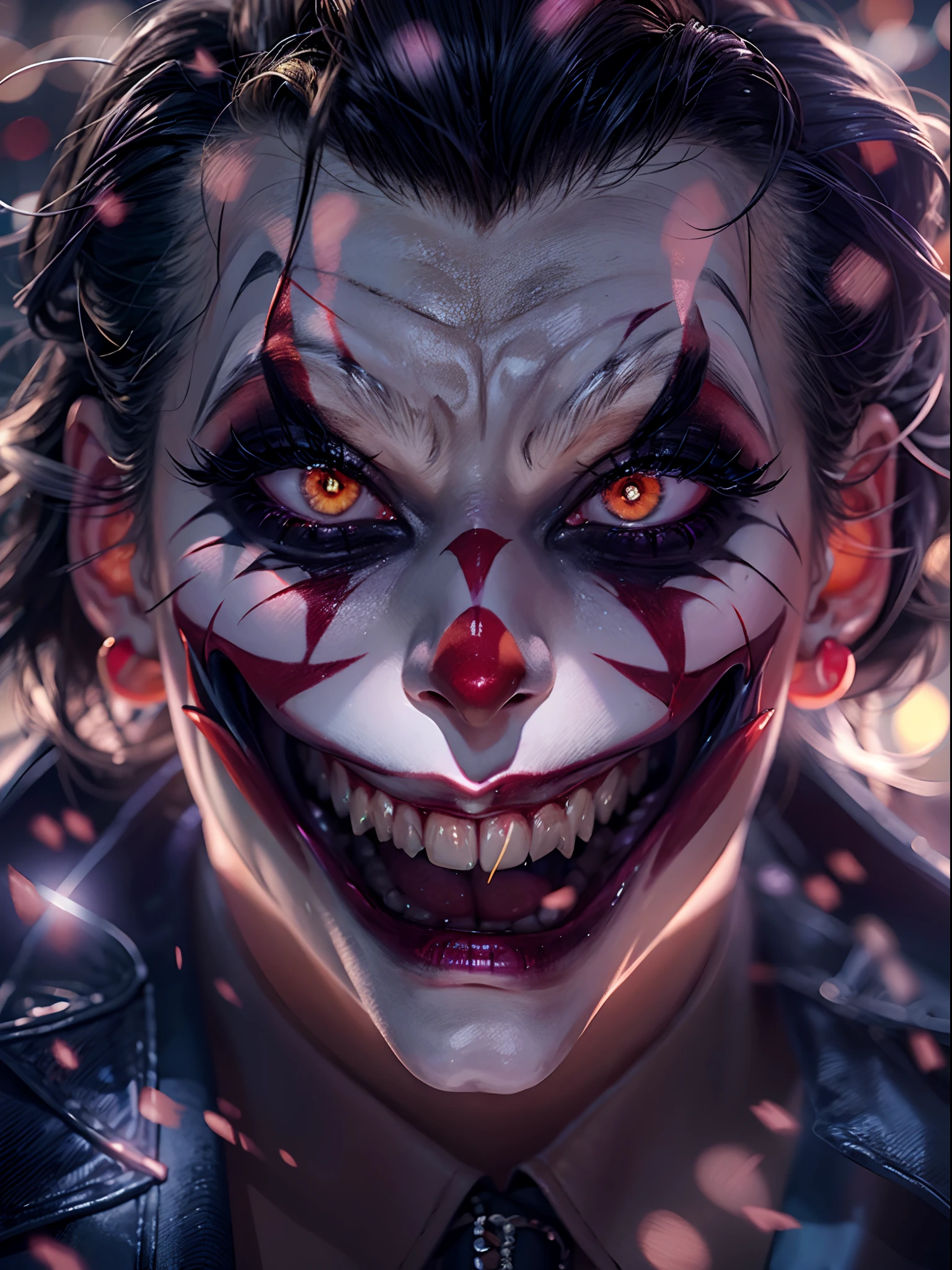 Man with joker makeup, thunder lighting collapse, realistic, 24k UHD resolution, background blurred bokeh, purple and red light effects, glowing effects, night terrifying view