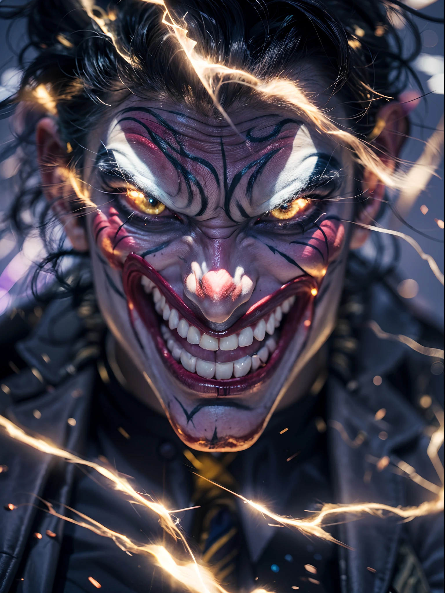 Man with joker makeup, thunder lighting collapse, realistic, 24k UHD resolution, background blurred bokeh, purple and red light effects, glowing effects, night terrifying view